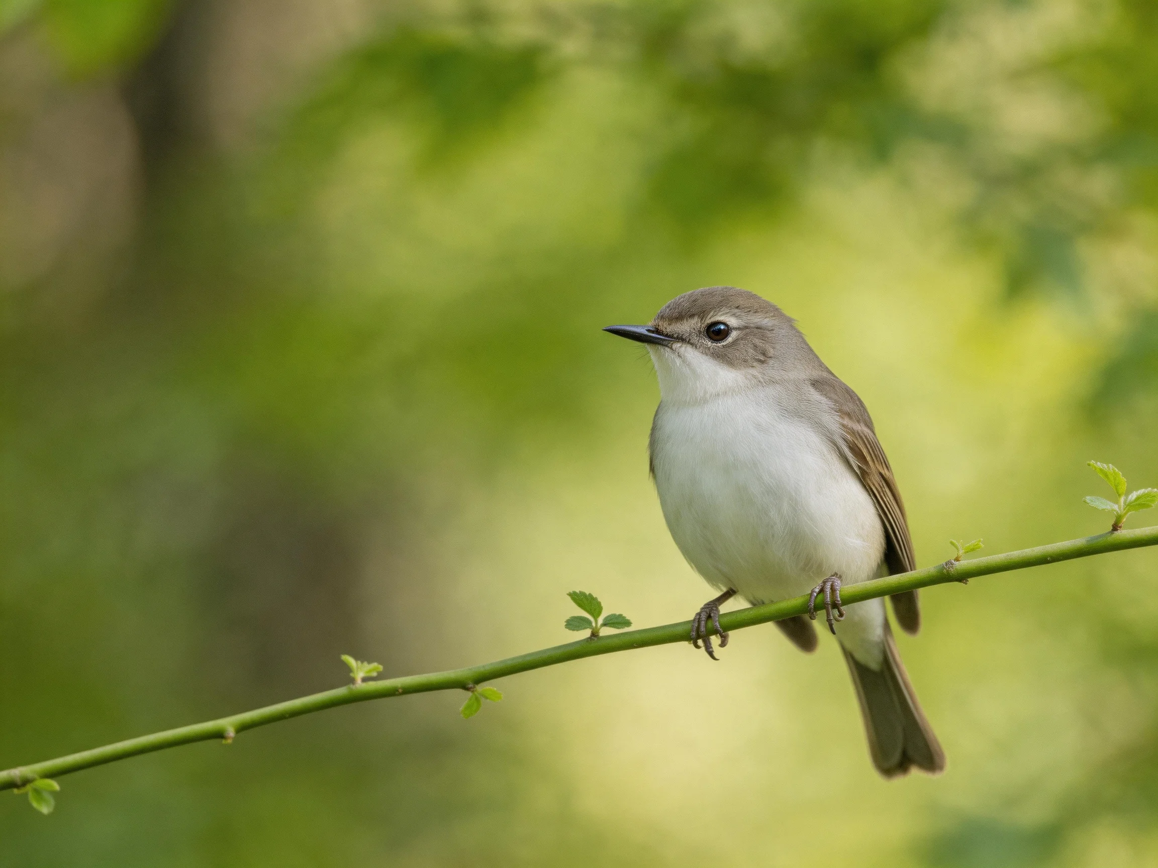 A small gray-headed bird perches on a slender green branch