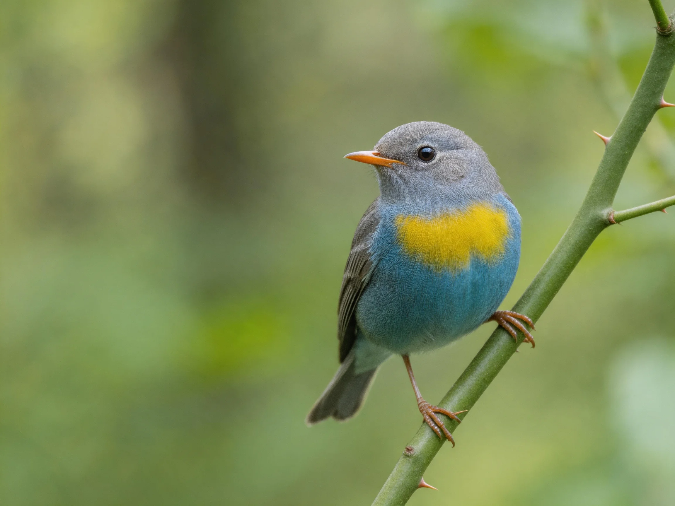 A small gray-headed bird with blue and yellow plumage on a thorny branch