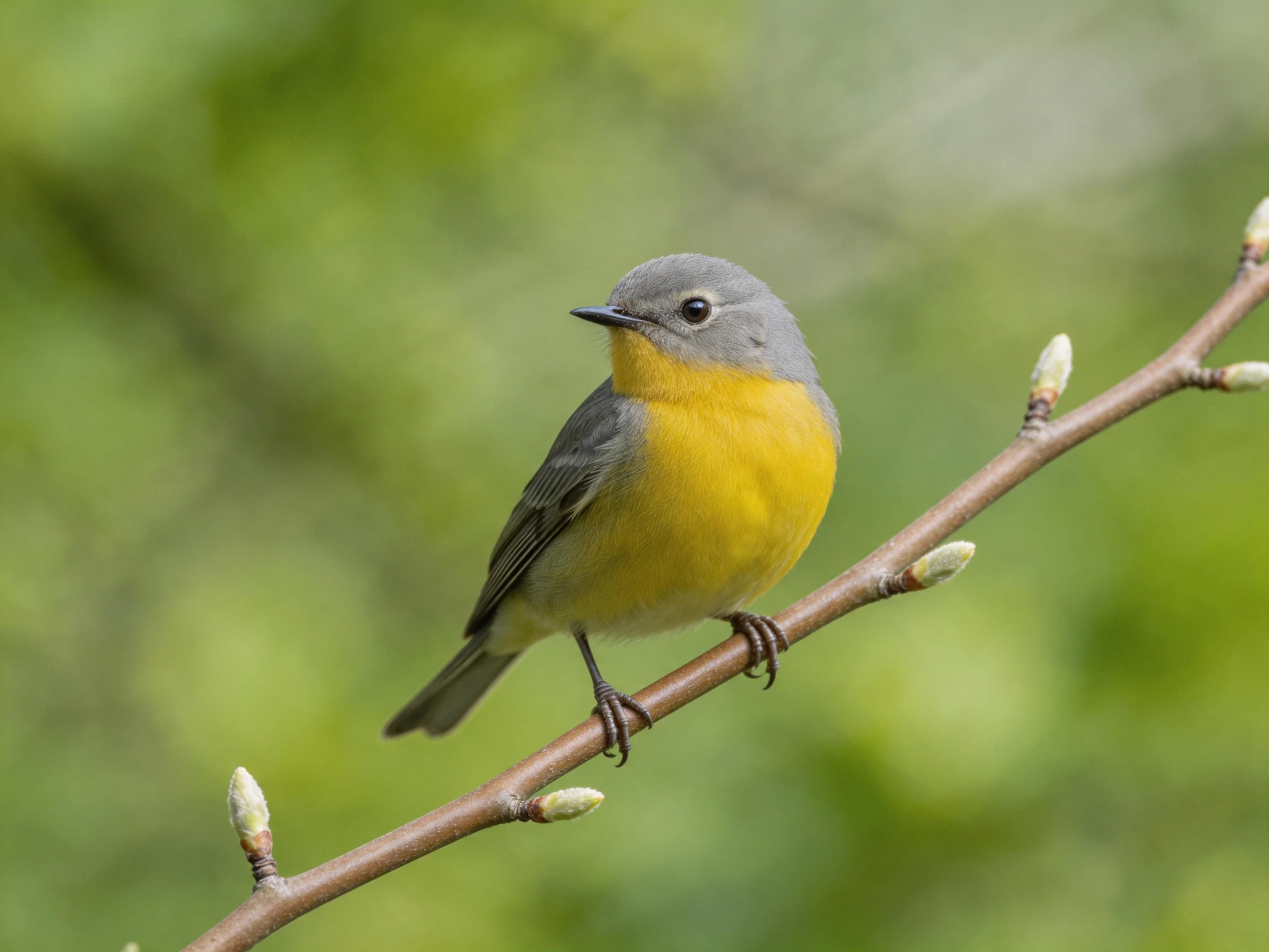A small gray-headed yellow-bellied bird perched on a budding branch
