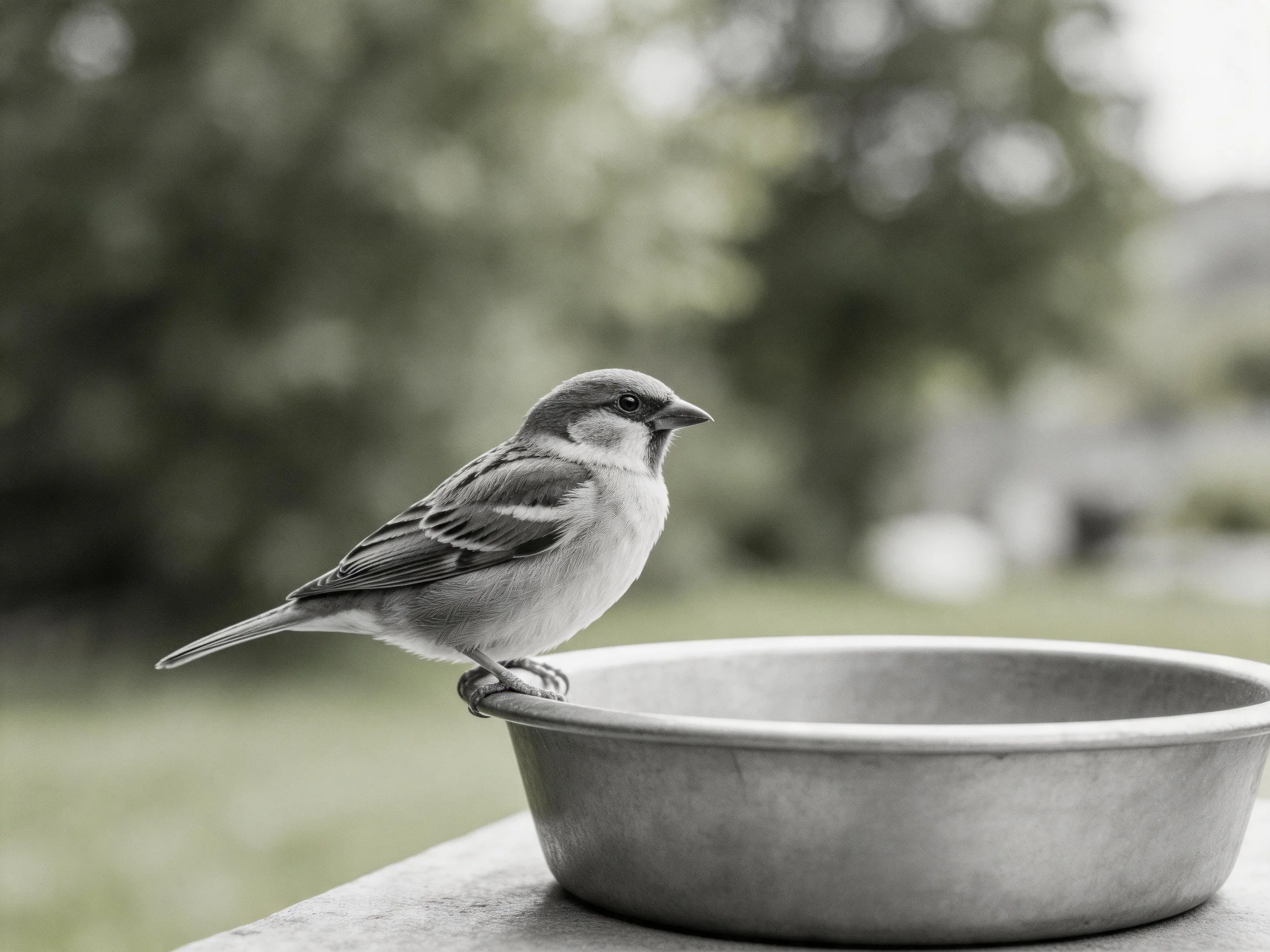 A small gray sparrow perches on a metallic bowl outdoors