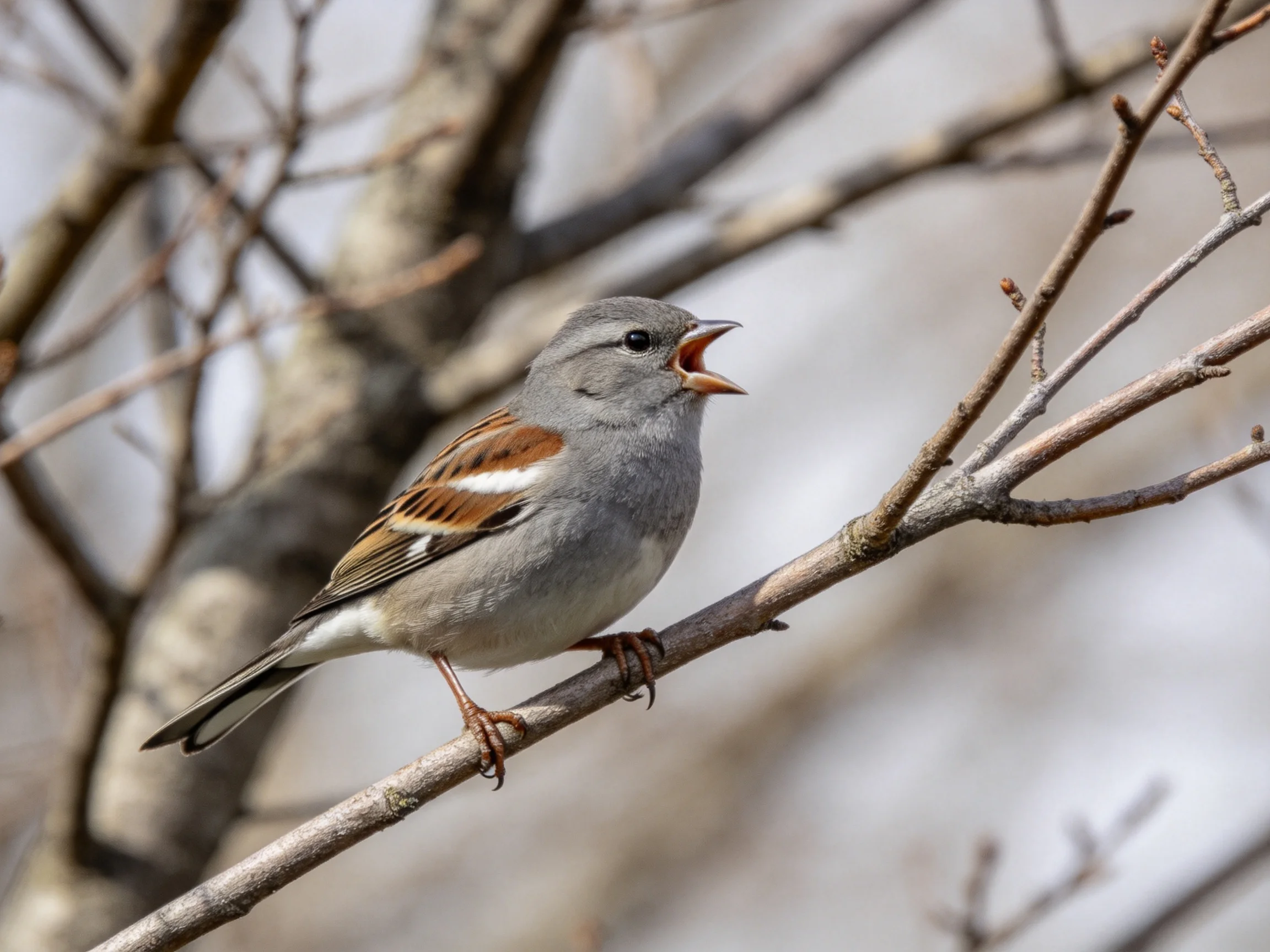 A small gray sparrow with brown wing patches perches on a bare tree branch