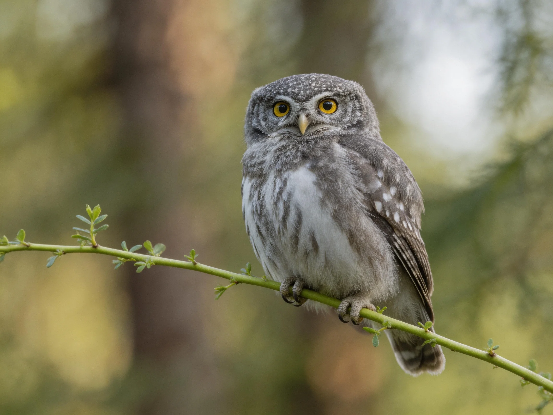 A small gray-spotted owl perches on a thin green branch