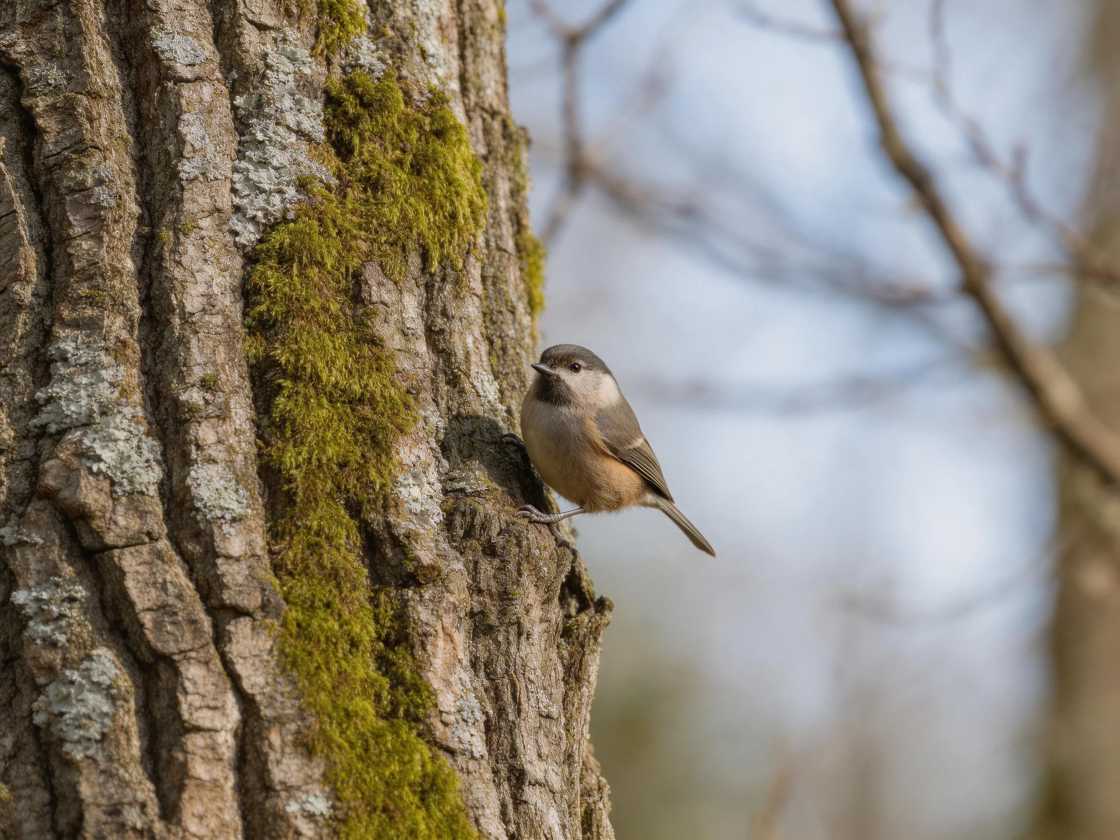 A small bird with gray and tan plumage clings to a mossy tree trunk.