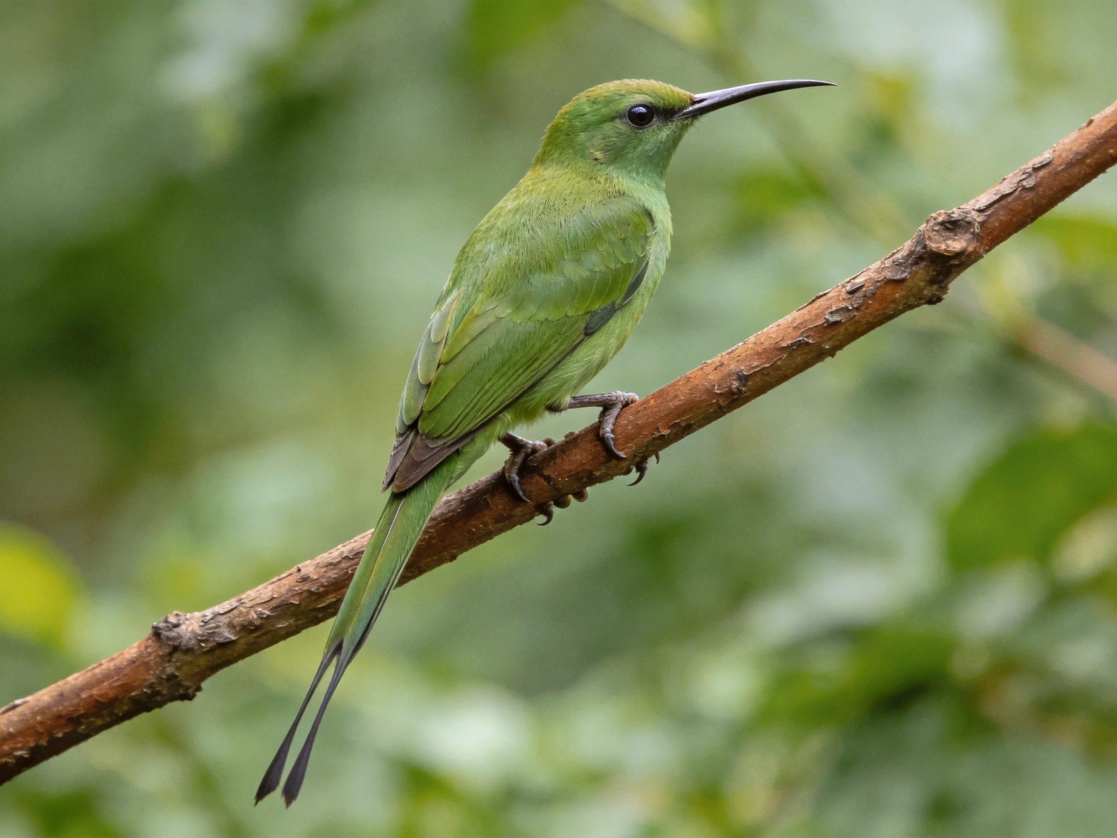 A small green bird with long tail perched on a brown branch