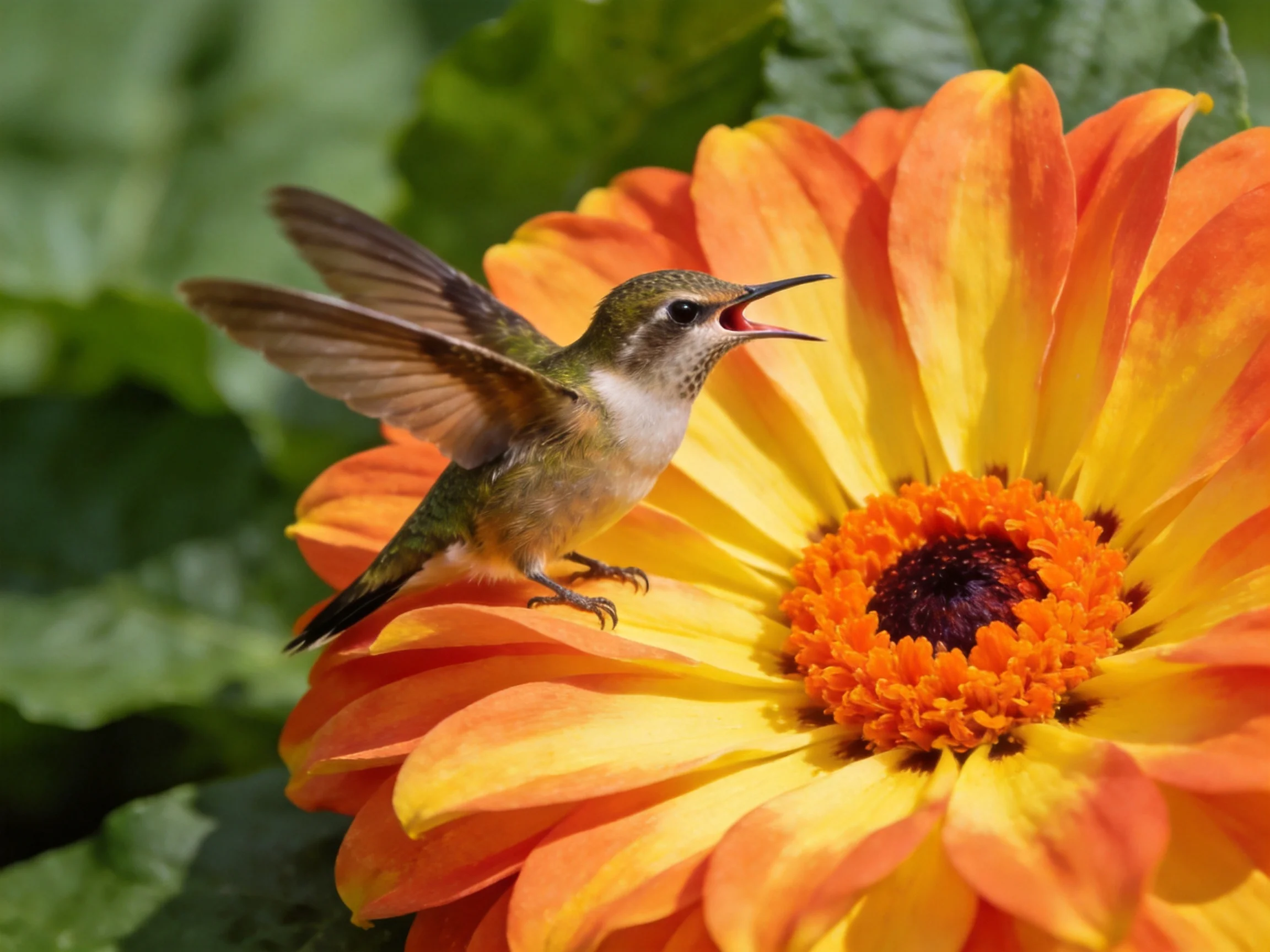 A small hummingbird feeding from an orange-yellow flower with green foliage