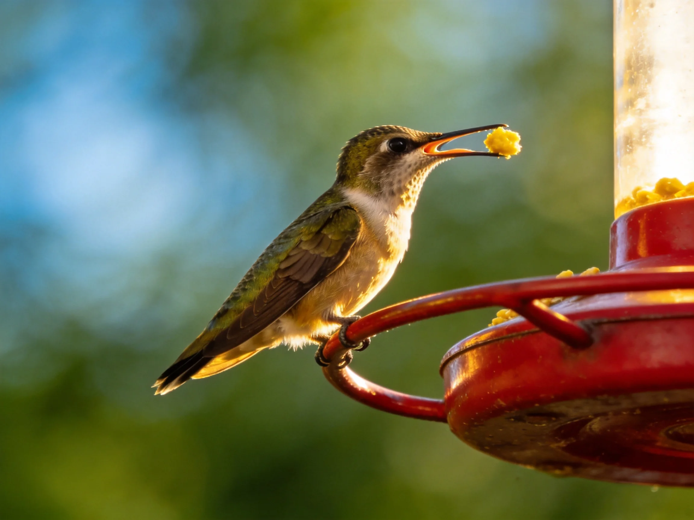 A small hummingbird feeds from a bright red bird feeder