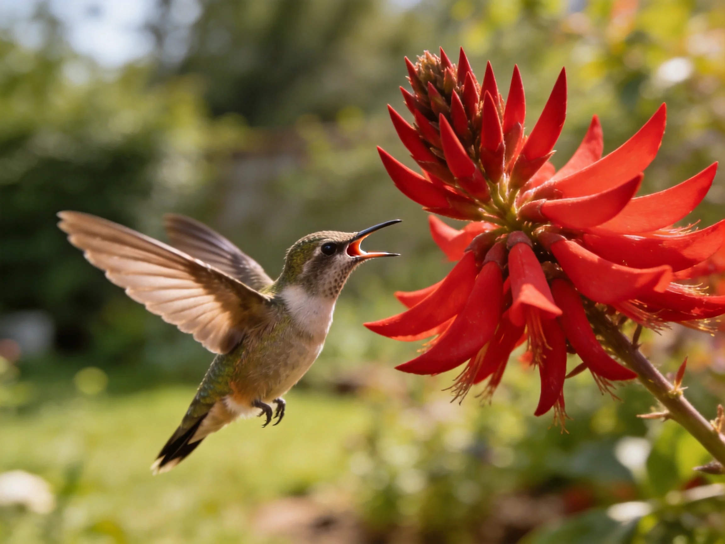 A small hummingbird hovering near vivid red flowers in a sunlit garden