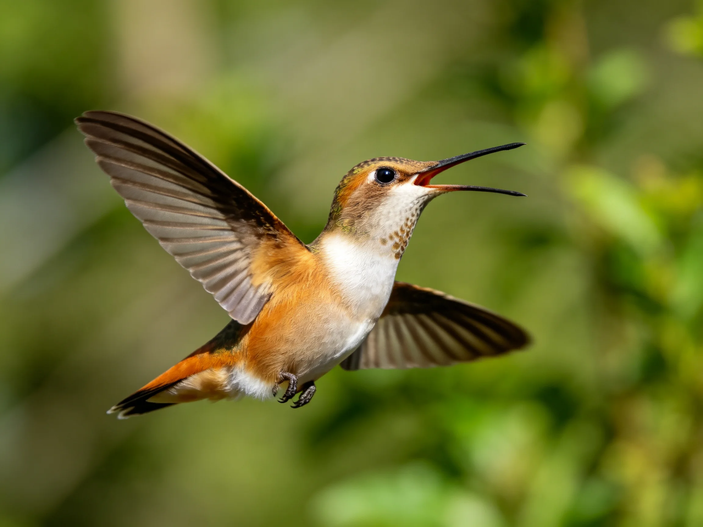 A small hummingbird hovers mid-air with outstretched wings