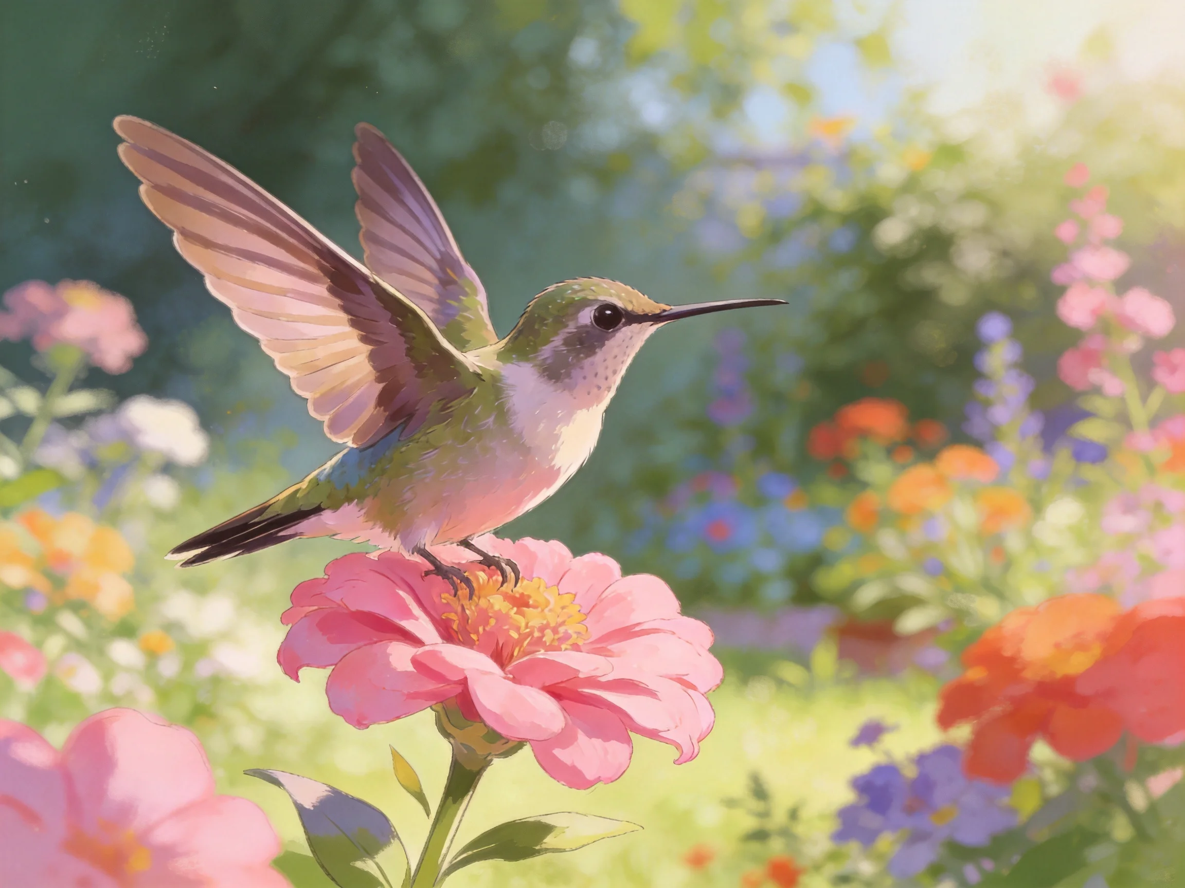 A small hummingbird perched on a pink flower amid vibrant blooms