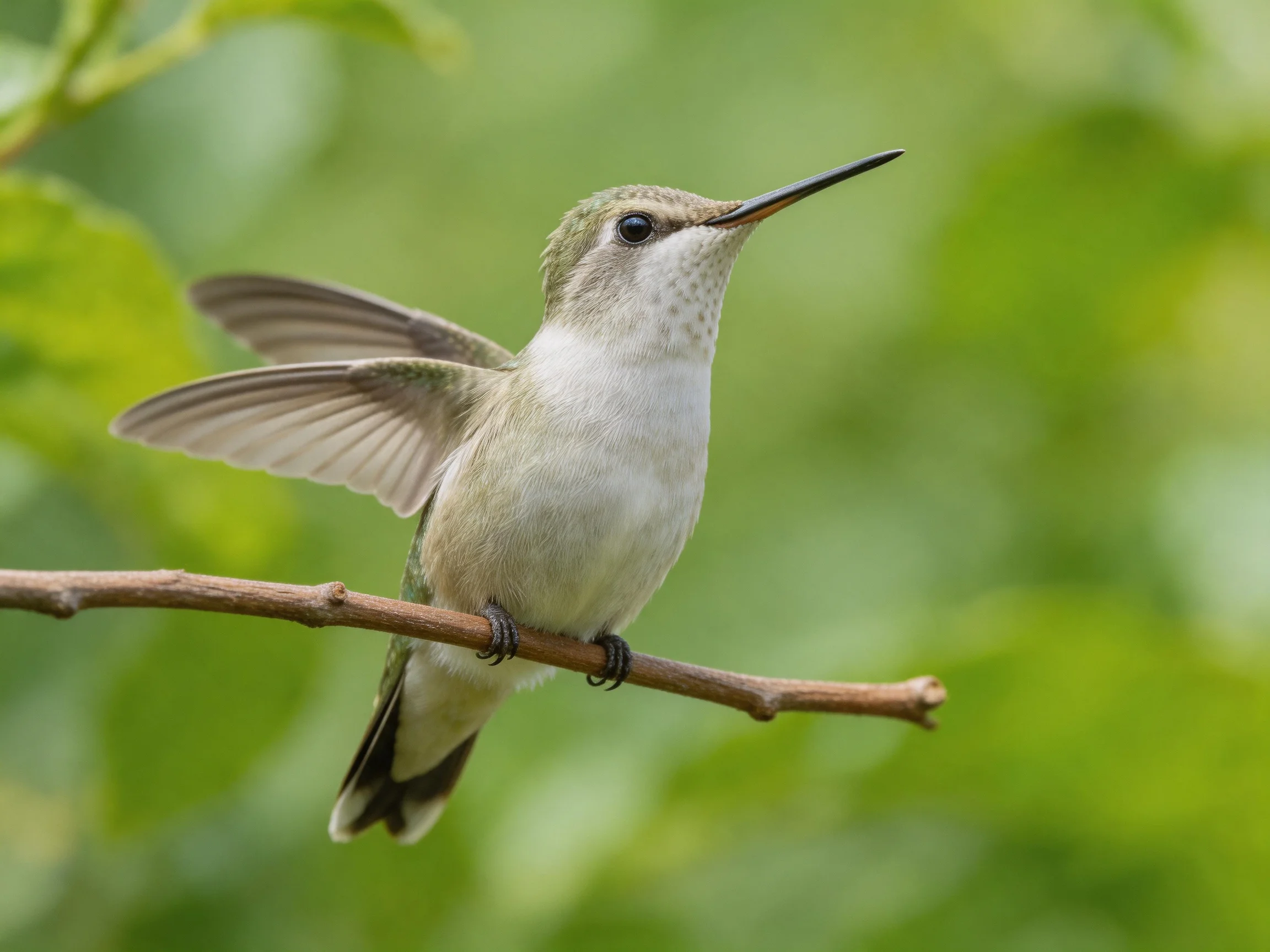 A small hummingbird perched on a thin brown branch