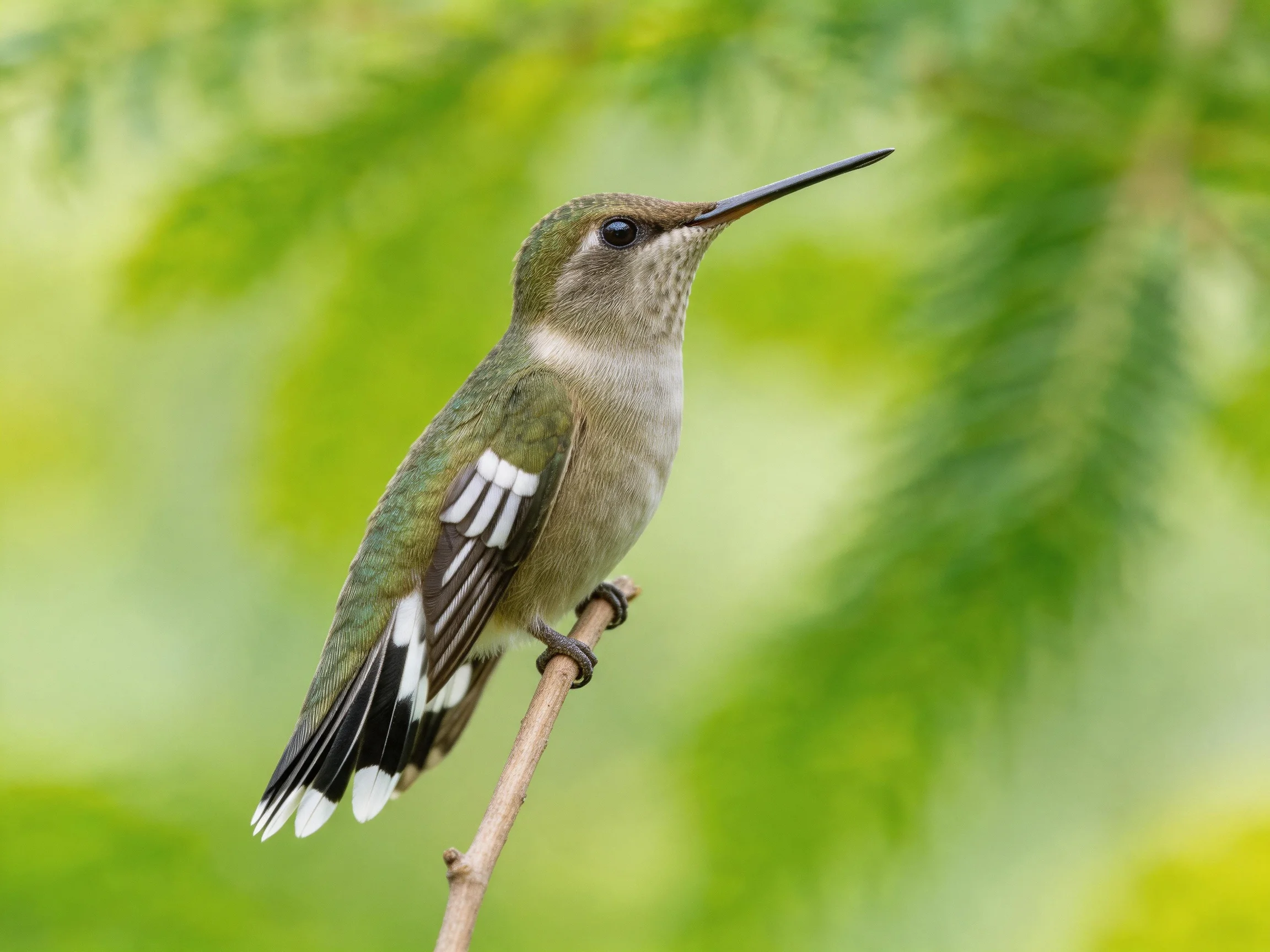A small hummingbird with green and white plumage perched on a thin branch