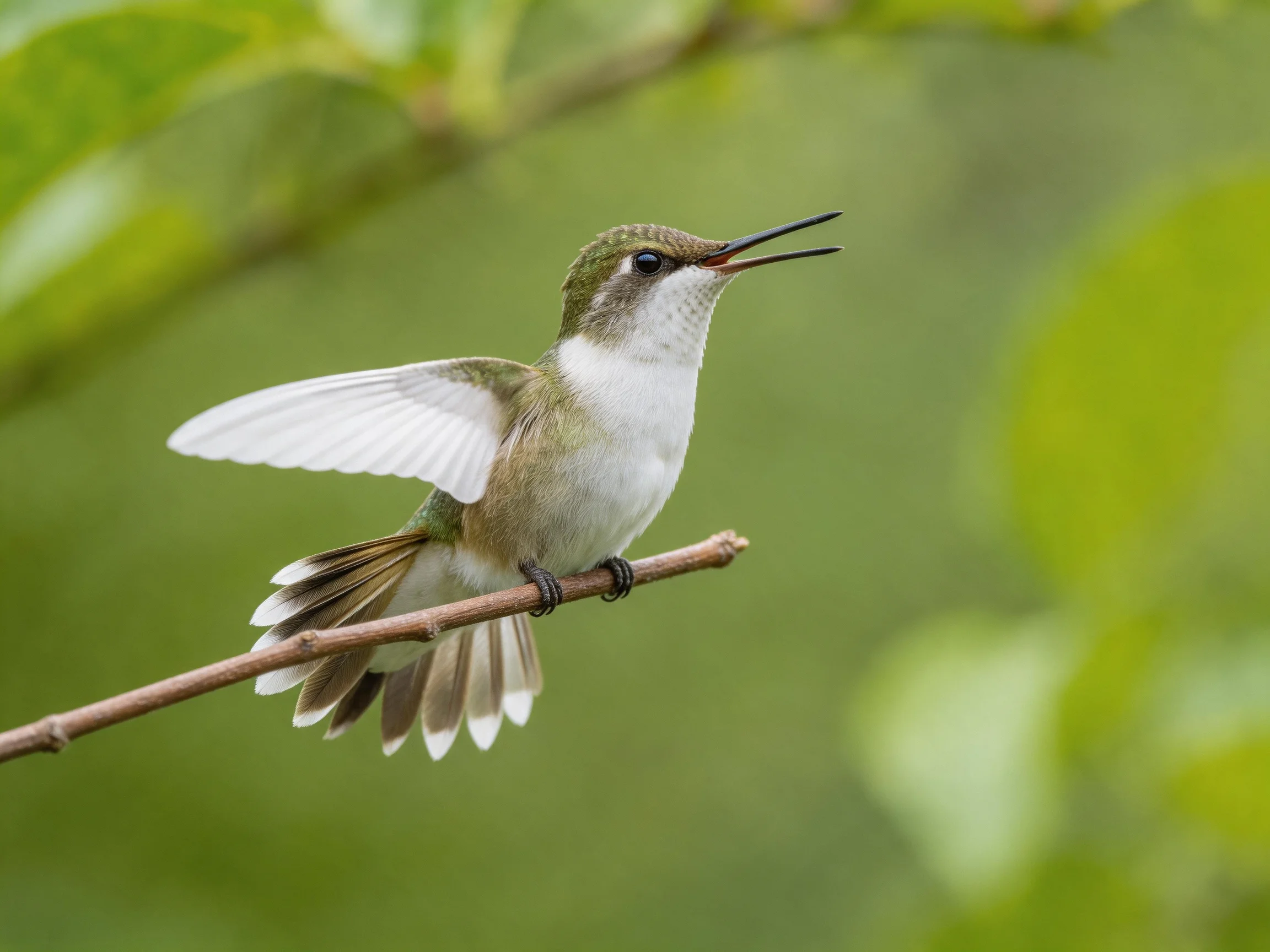 A small hummingbird with green and white plumage perches on a thin branch