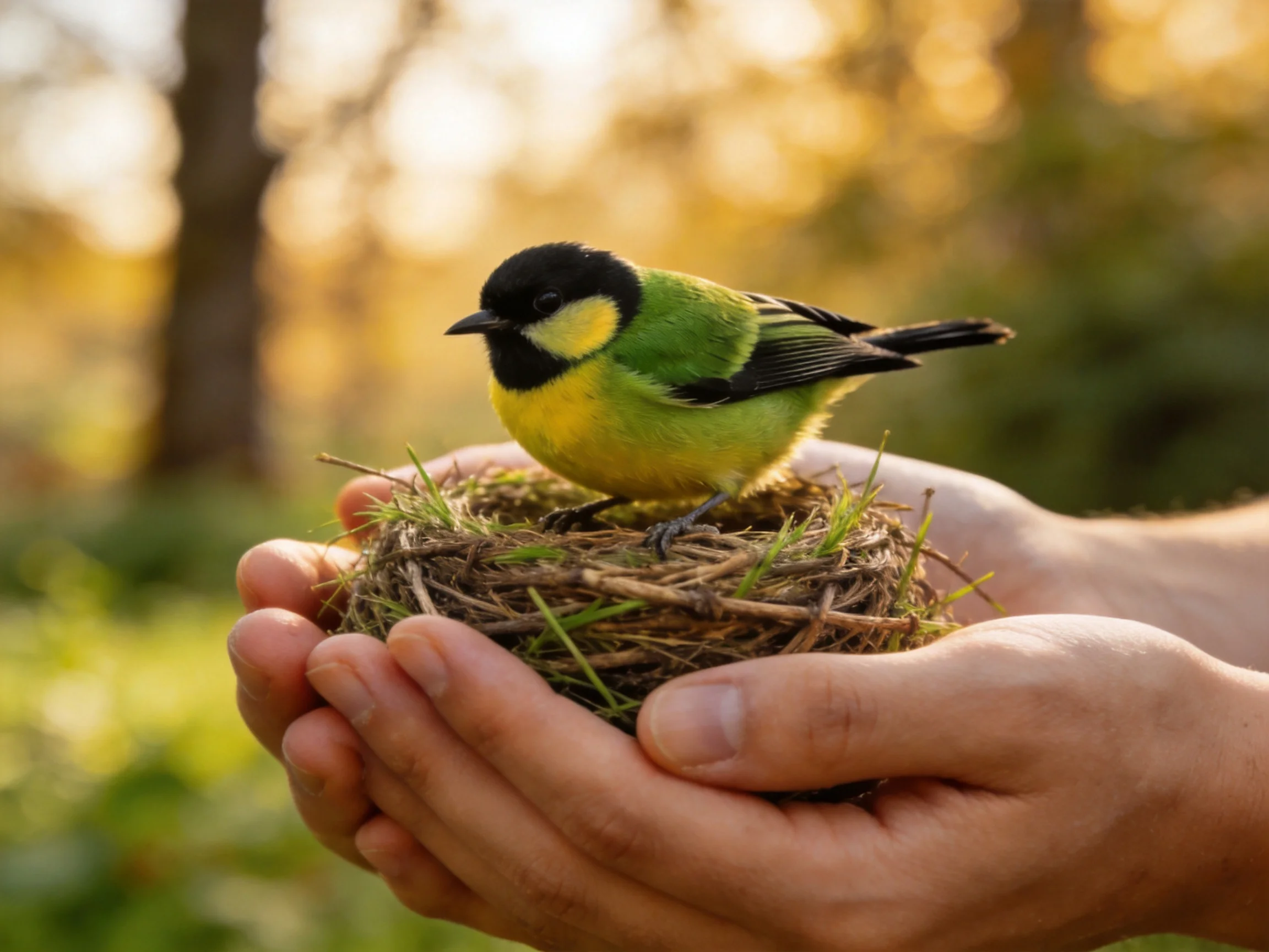 A small multicolored bird perched on a hand-held nest