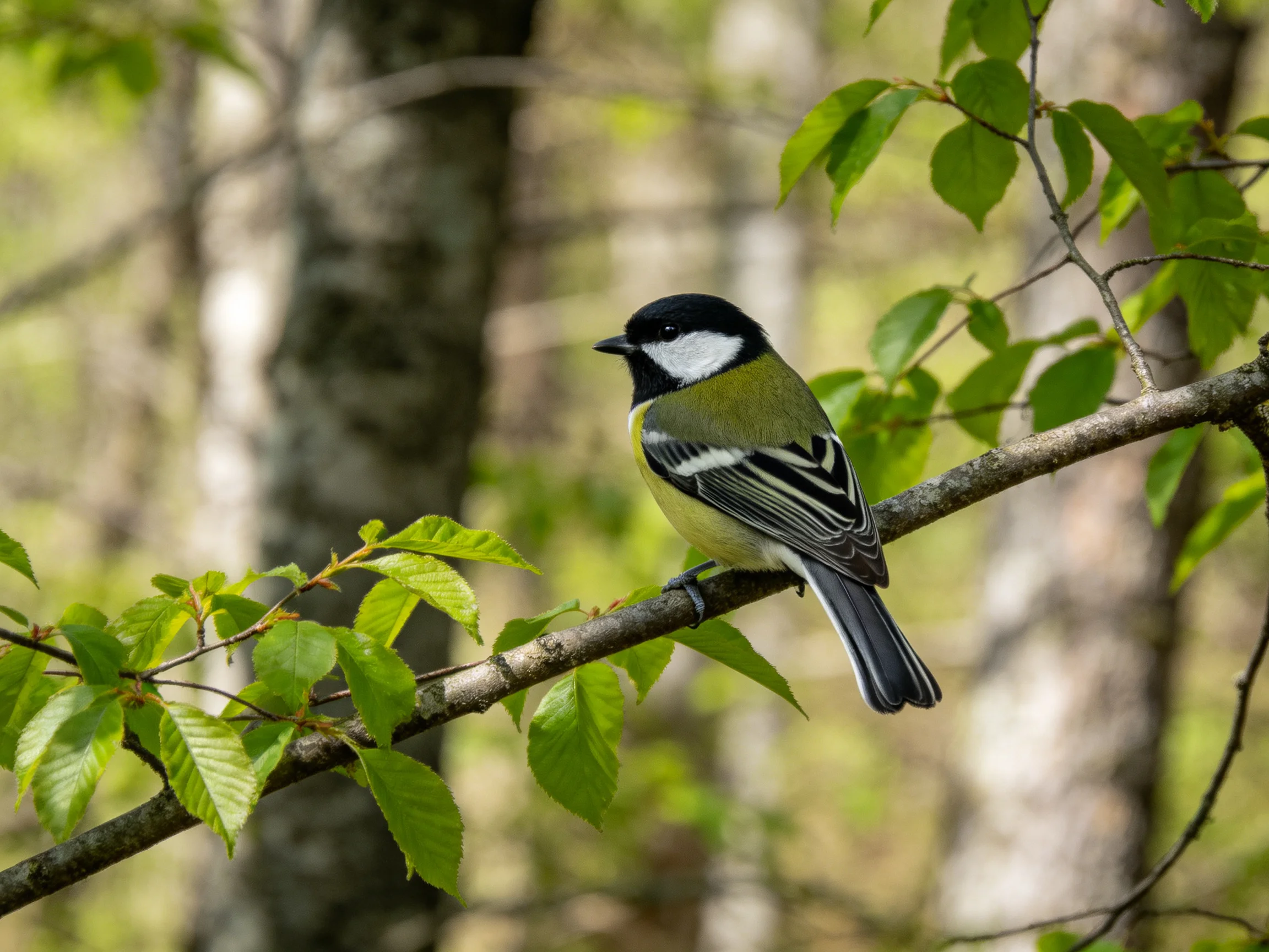 A small multicolored bird perched on a leafy branch
