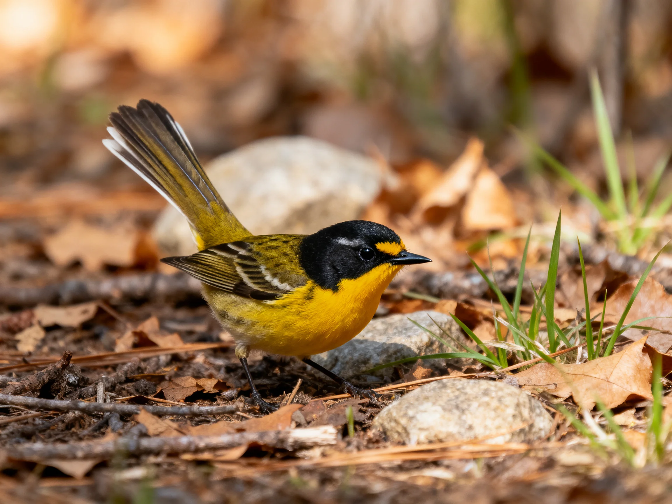 A small multicolored songbird on leaf-littered forest ground