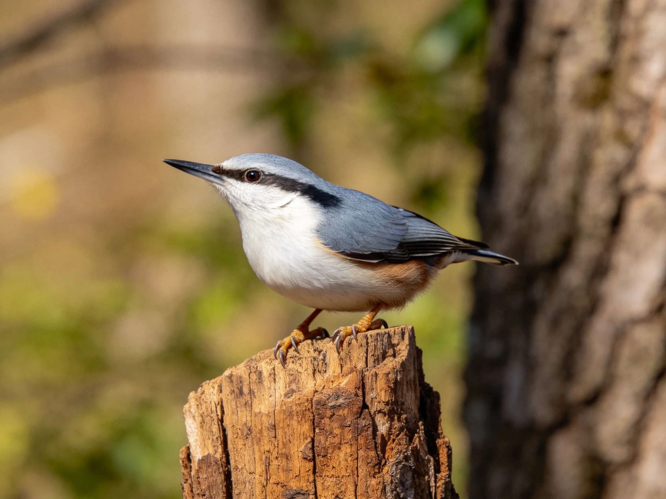 A small nuthatch perched on a weathered tree stump
