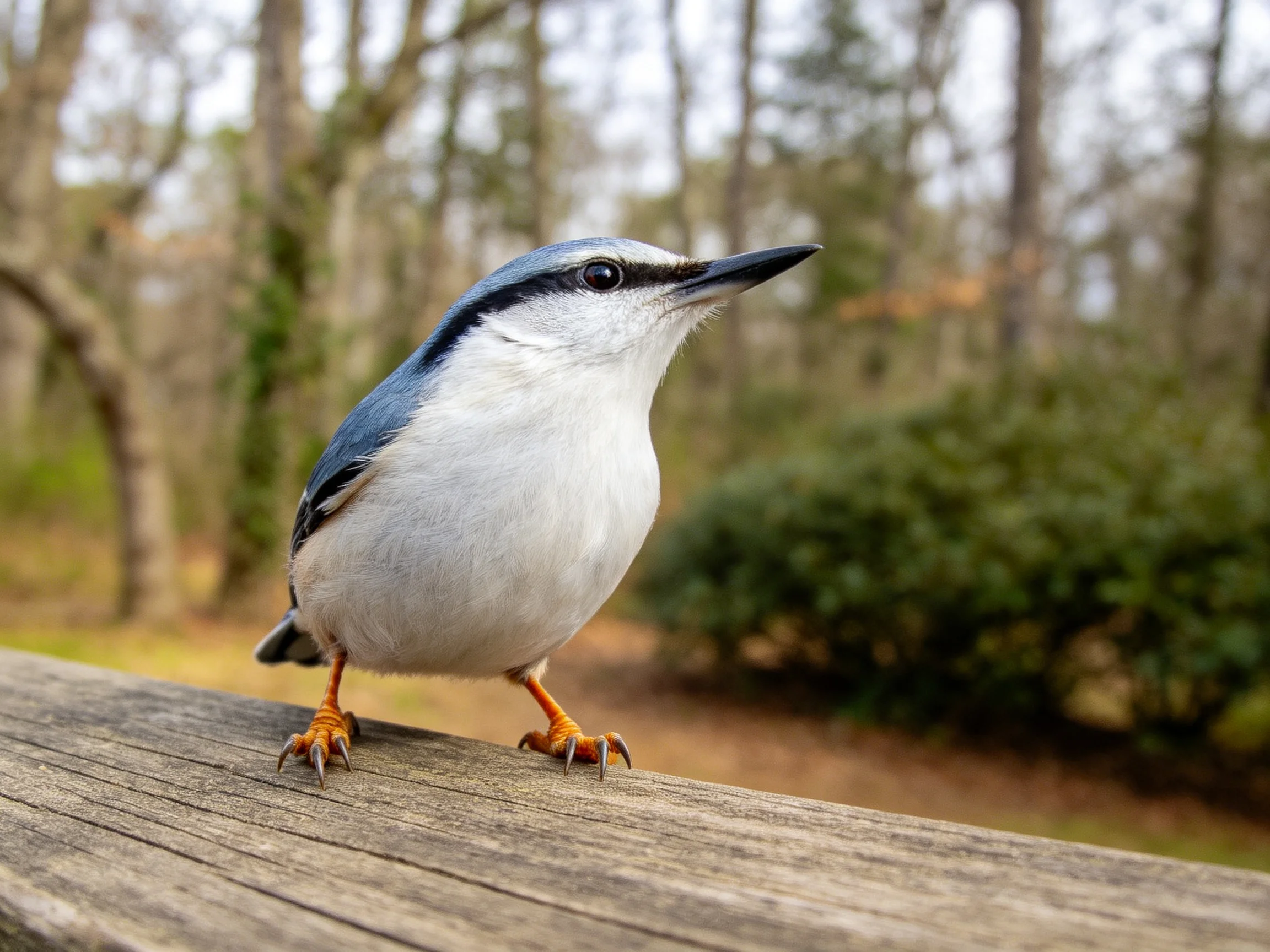 A small bird with blue and white feathers perches on wood near trees