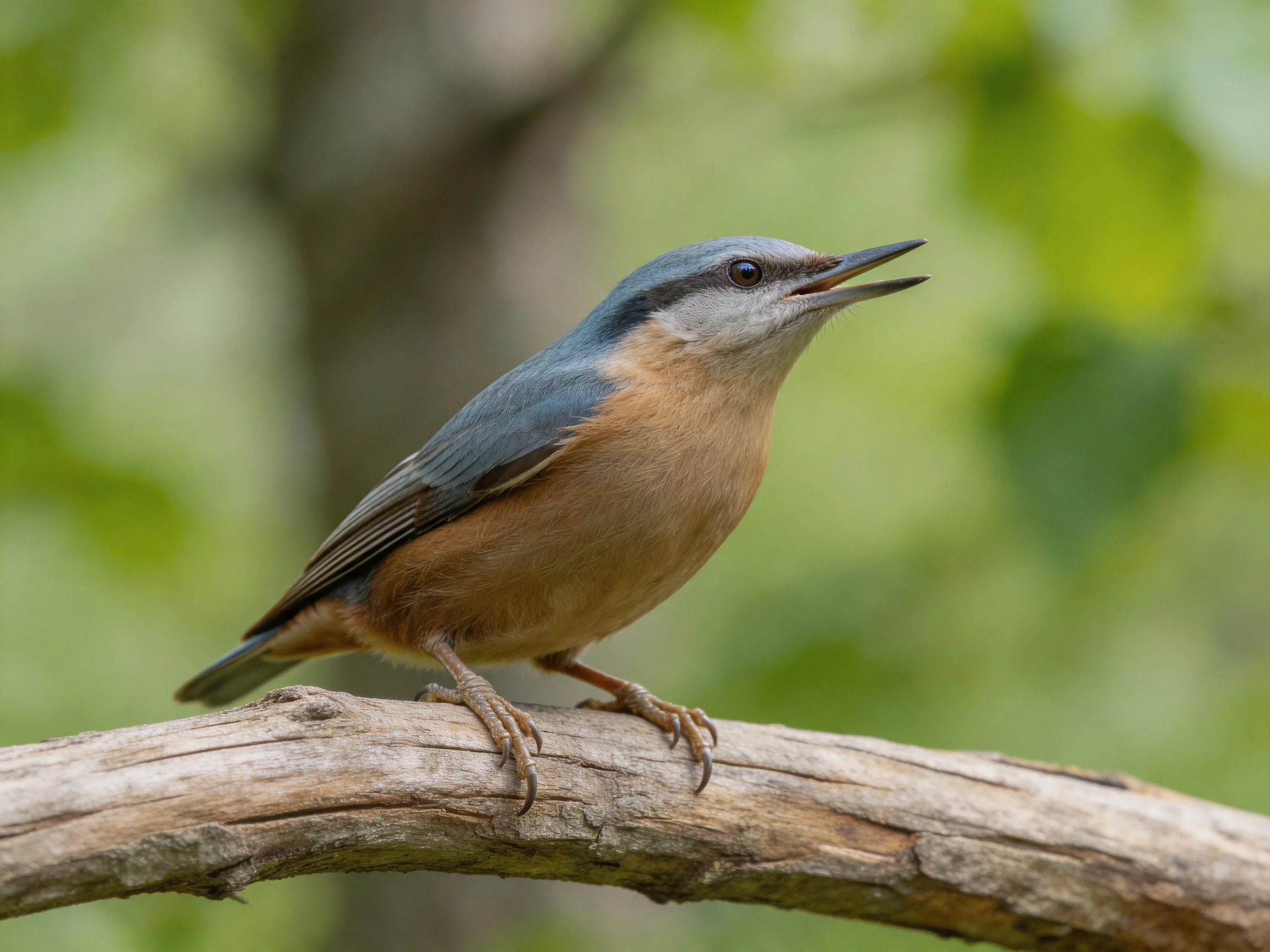 A small nuthatch with blue-gray wings perched on a weathered branch