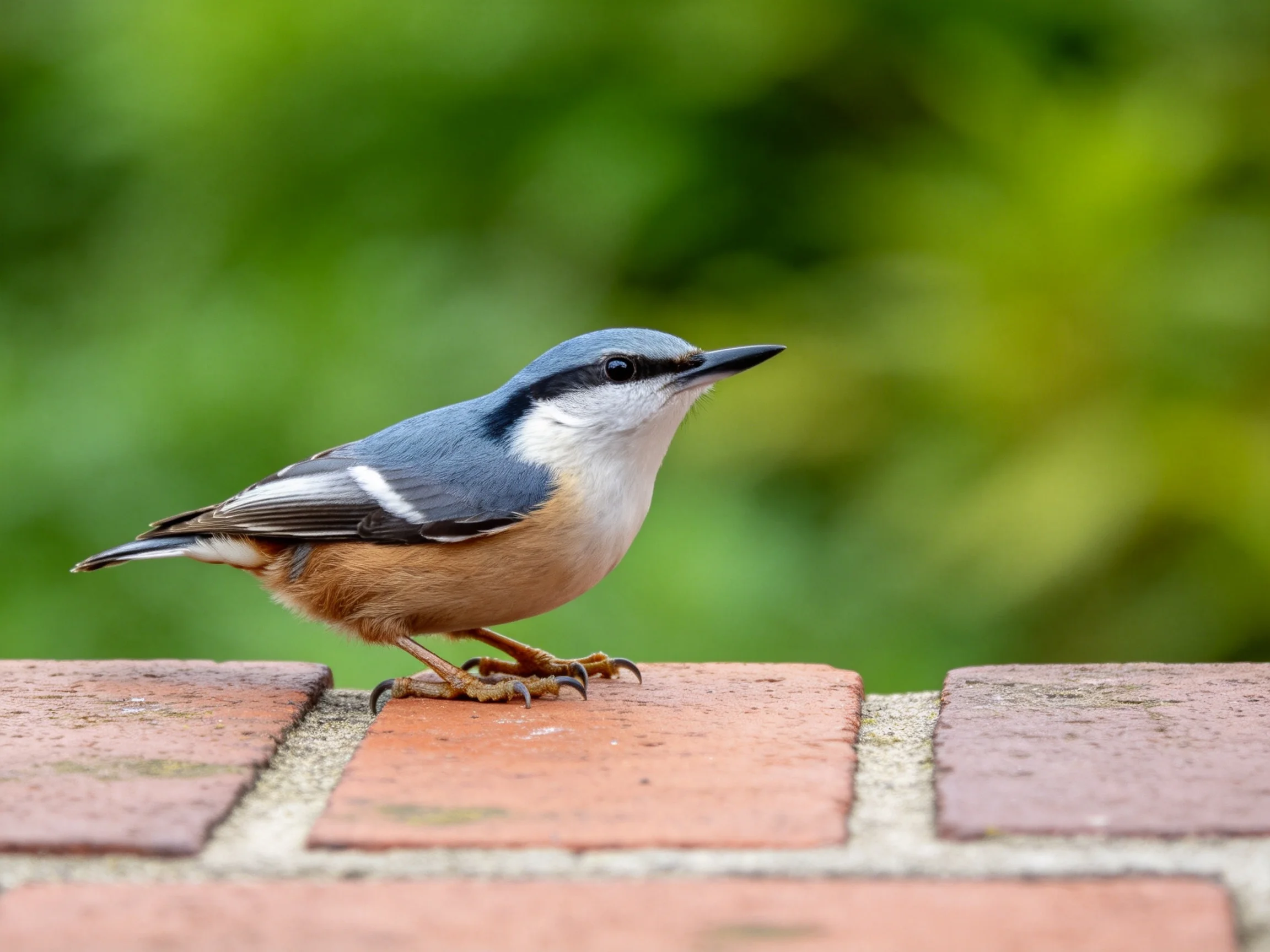 A small nuthatch with blue, white, and brown plumage on reddish bricks