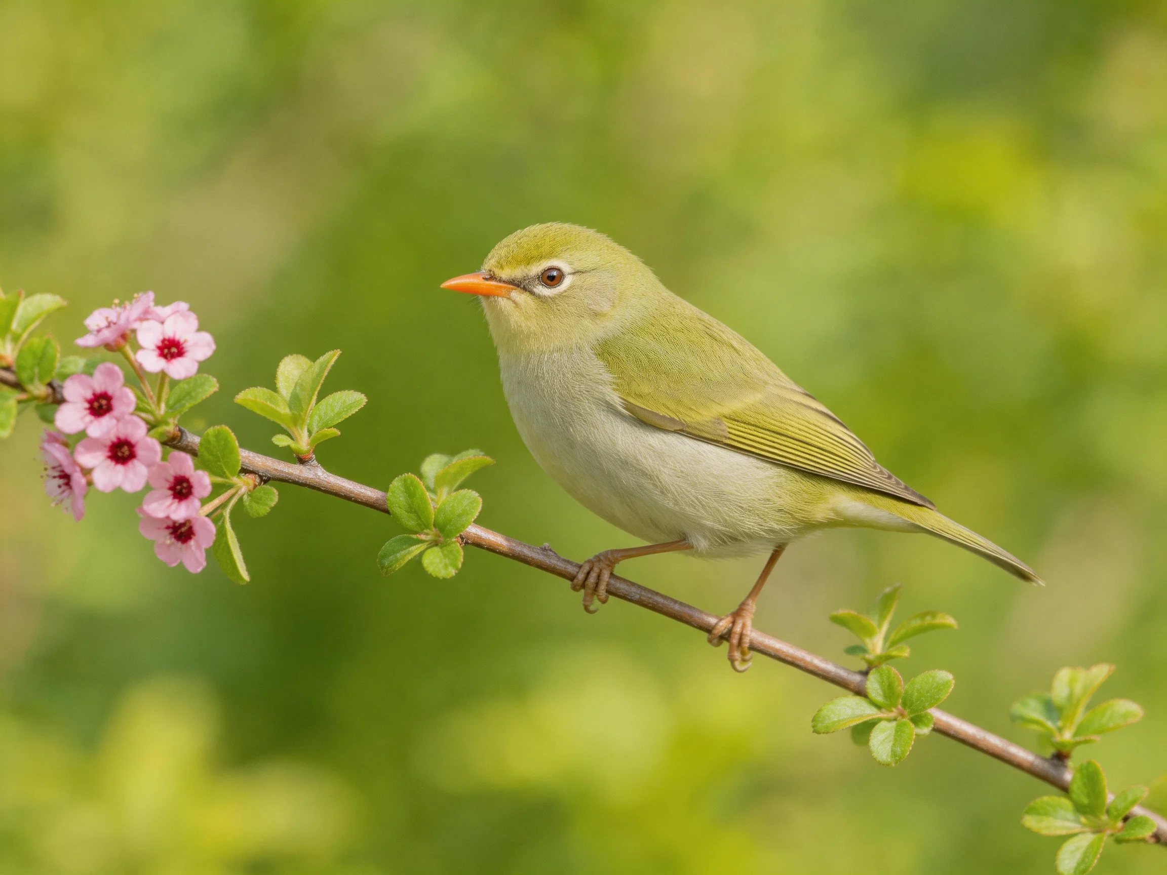 A small olive-green bird perches near pink blossoms on a thin branch