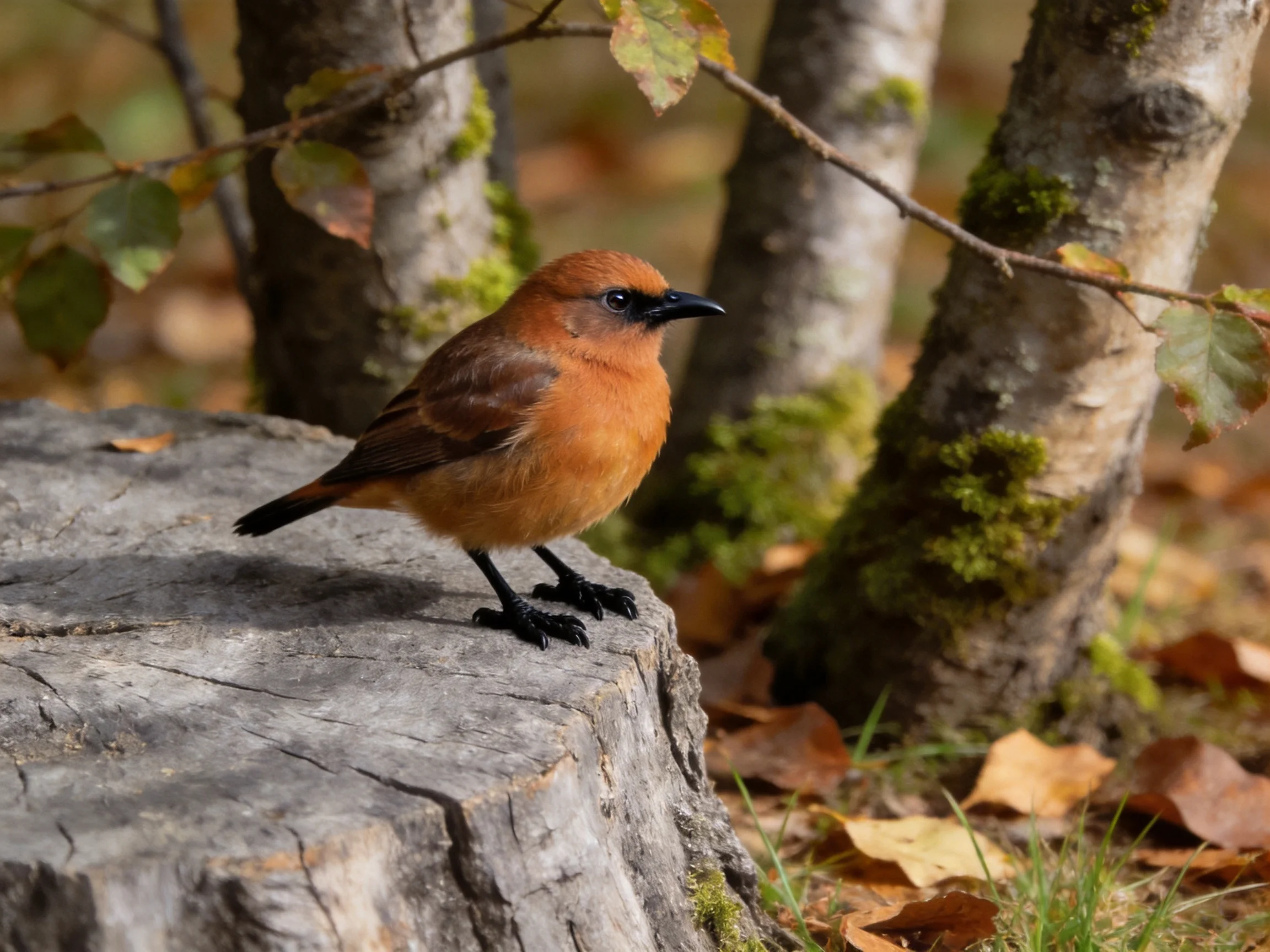 A small orange bird perches on a weathered tree stump near mossy trees