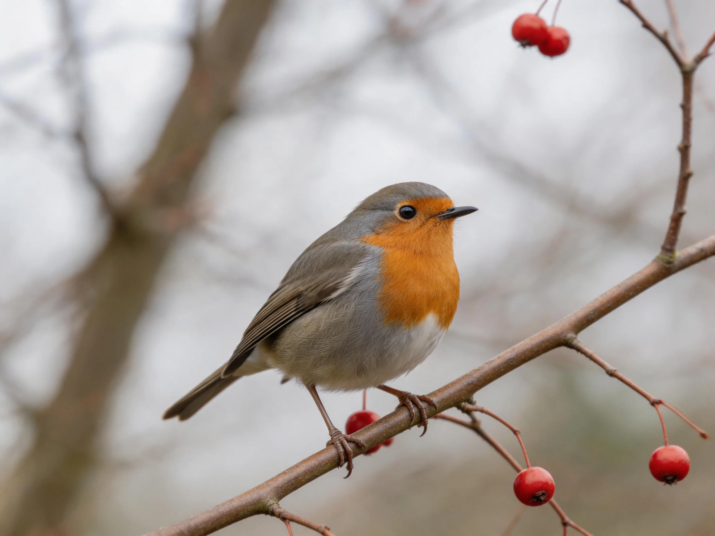 A small orange-breasted bird perched on a branch with red berries