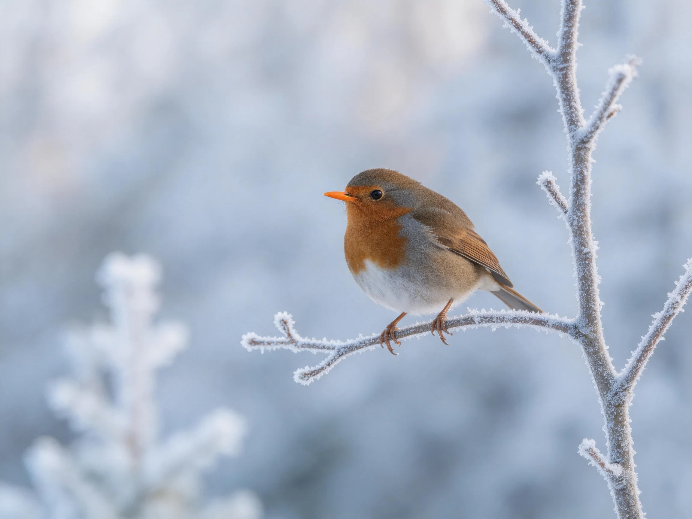 A small orange-breasted bird perched on frosty tree branches
