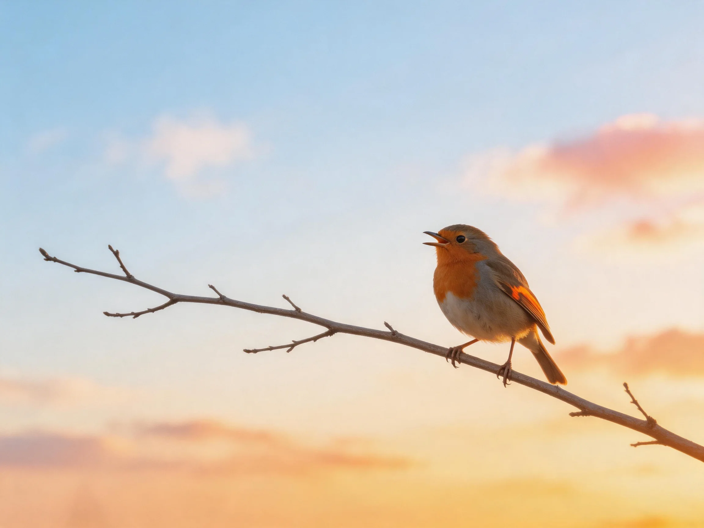 A small orange-breasted bird perches on a bare tree branch under a sunset sky