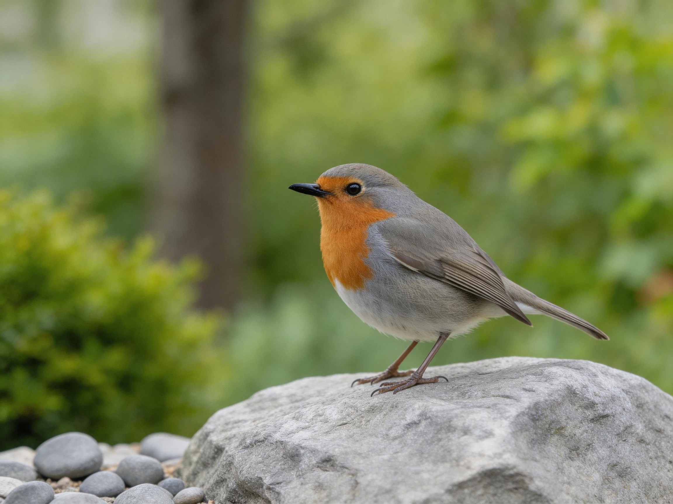 A small orange-breasted bird perches on a gray stone amid lush greenery.