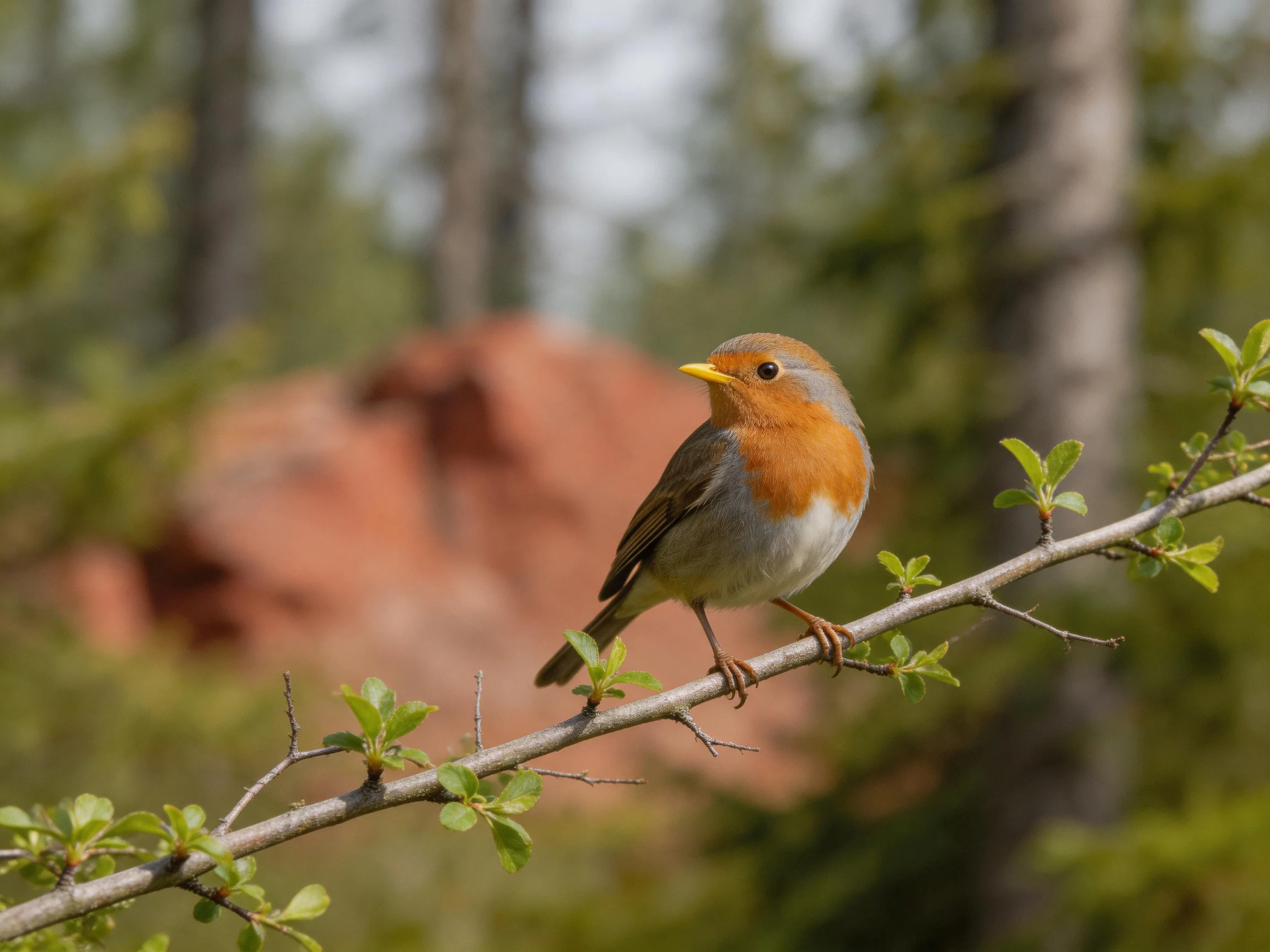 A small orange-breasted bird perches on a leafy branch in a forest