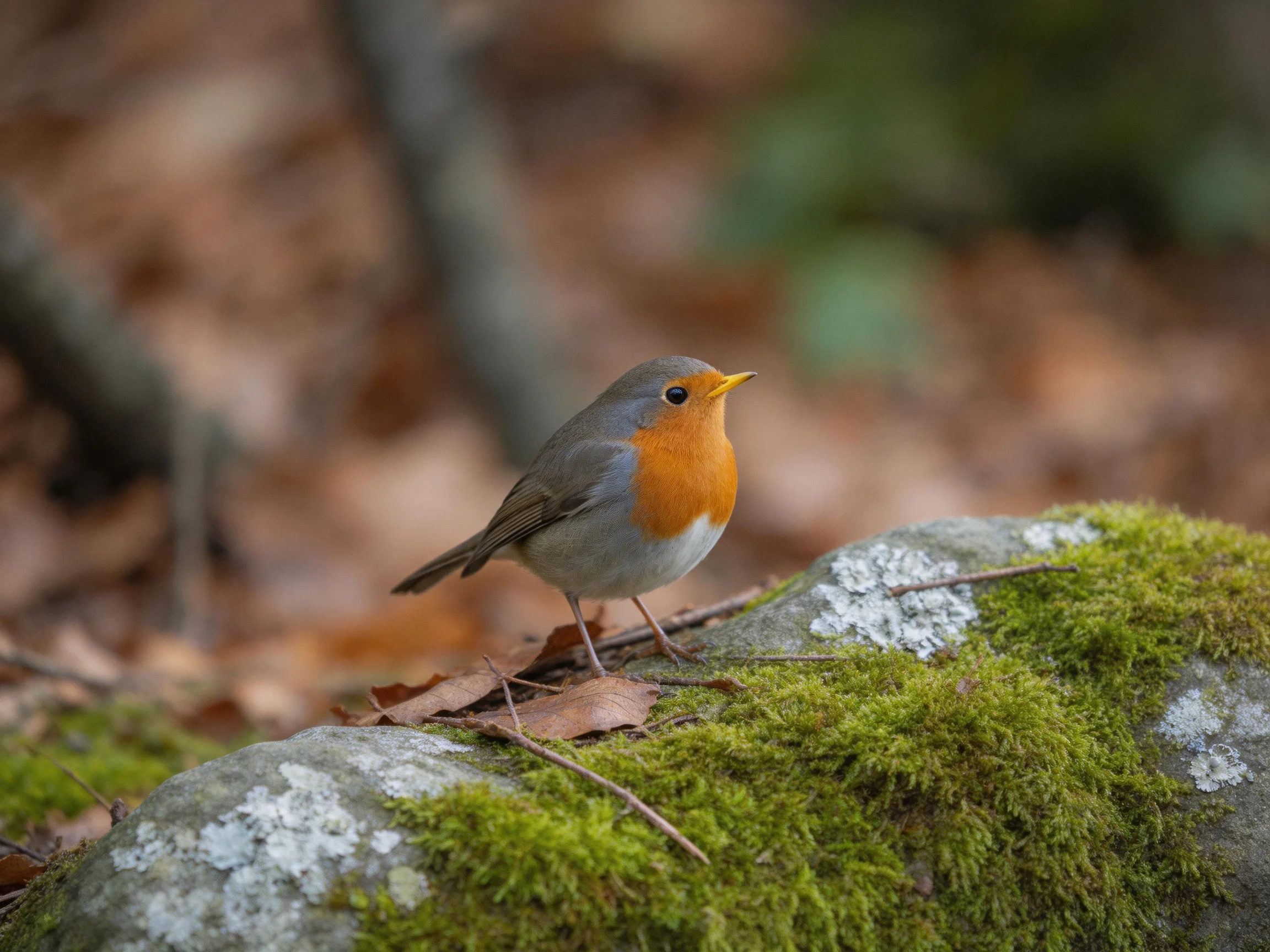 A small orange-breasted bird perches on a mossy rock in a forest setting