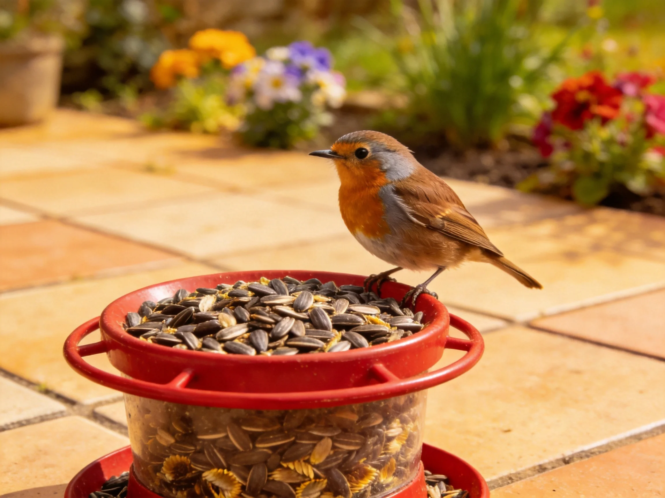 A small orange-breasted bird perches on a red seed feeder near blooming flowers