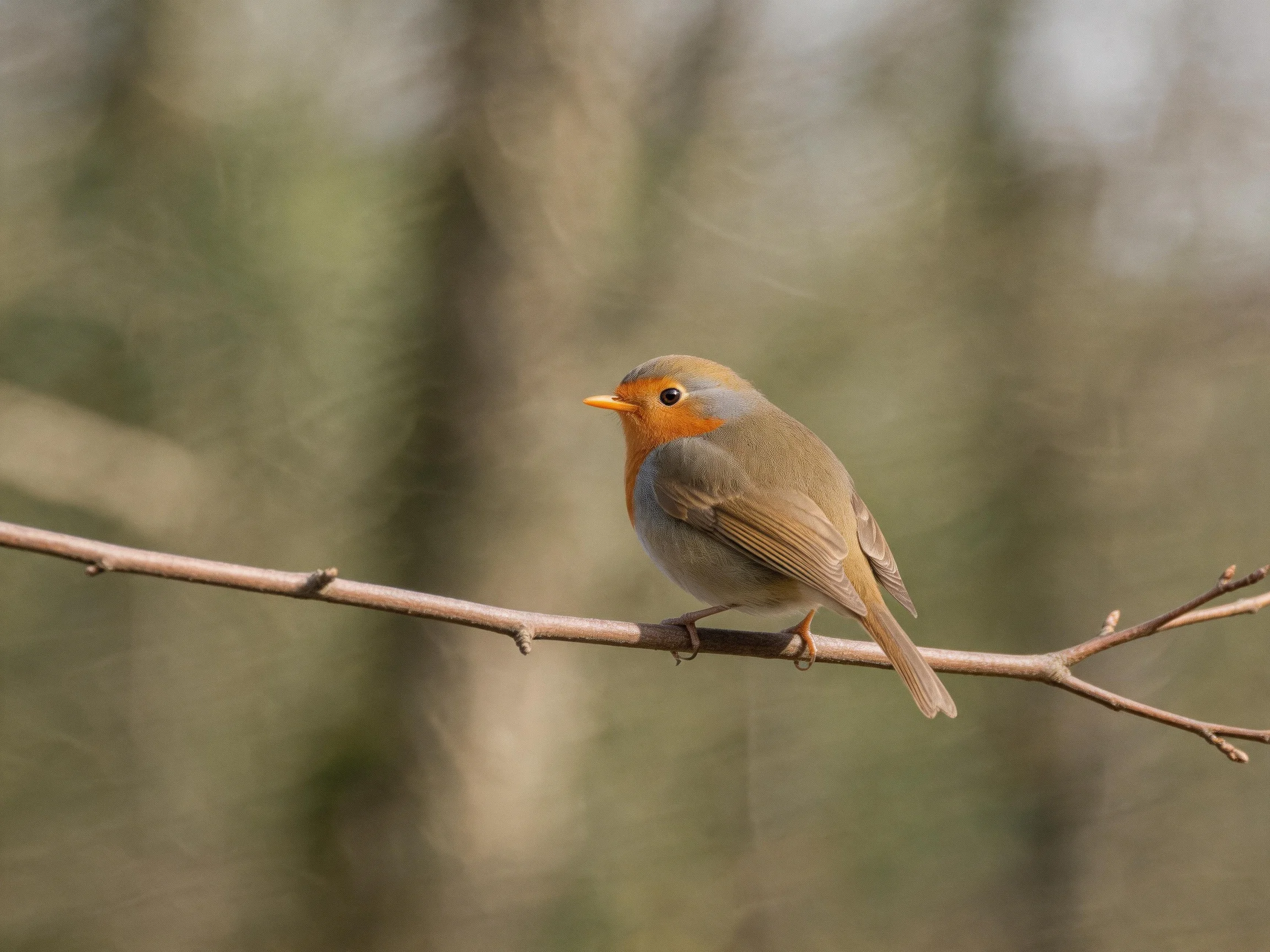 A small orange-breasted bird perches on a slender brown branch