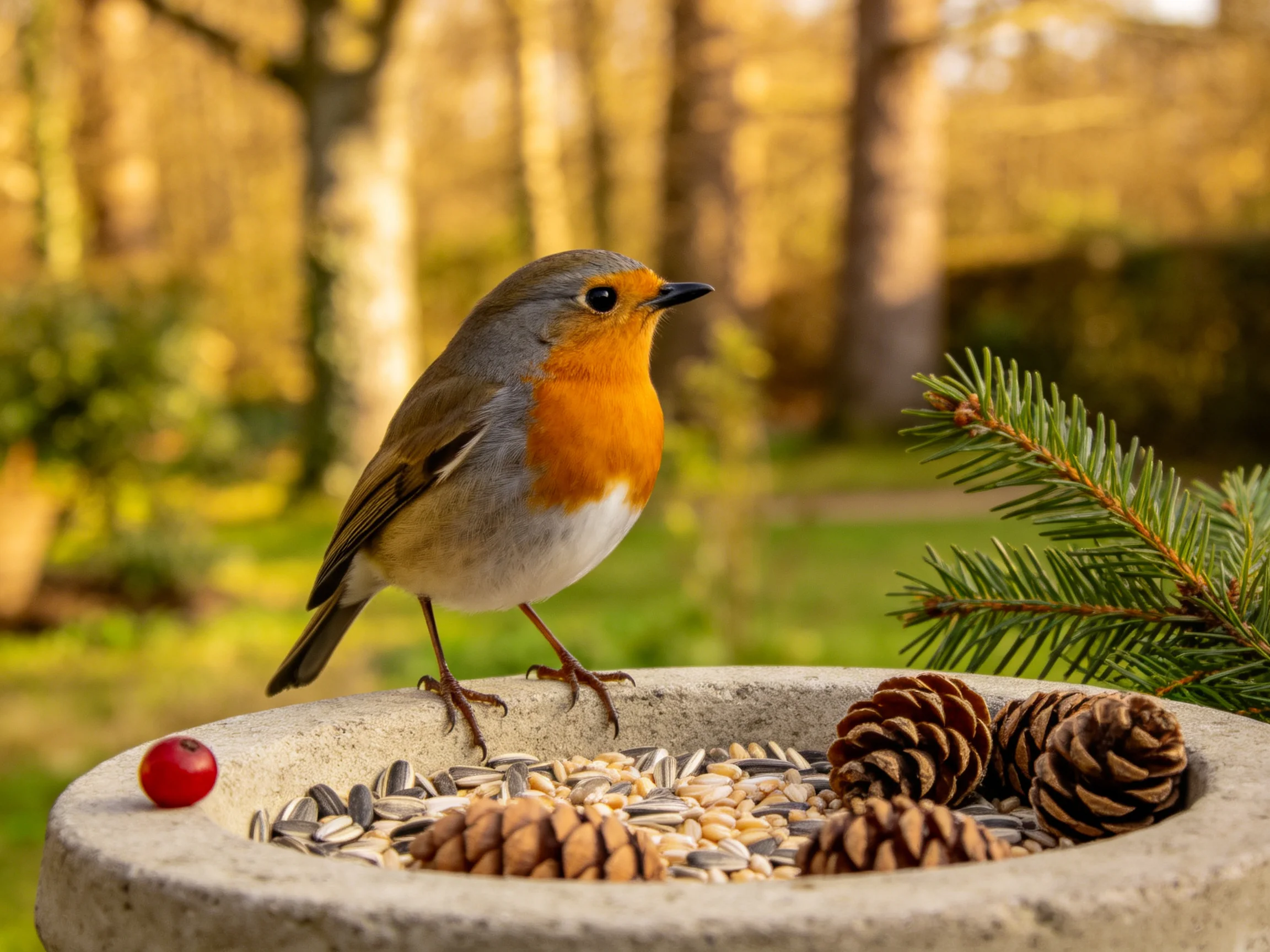 A small orange-breasted bird perches on a stone feeder with pinecones and seeds