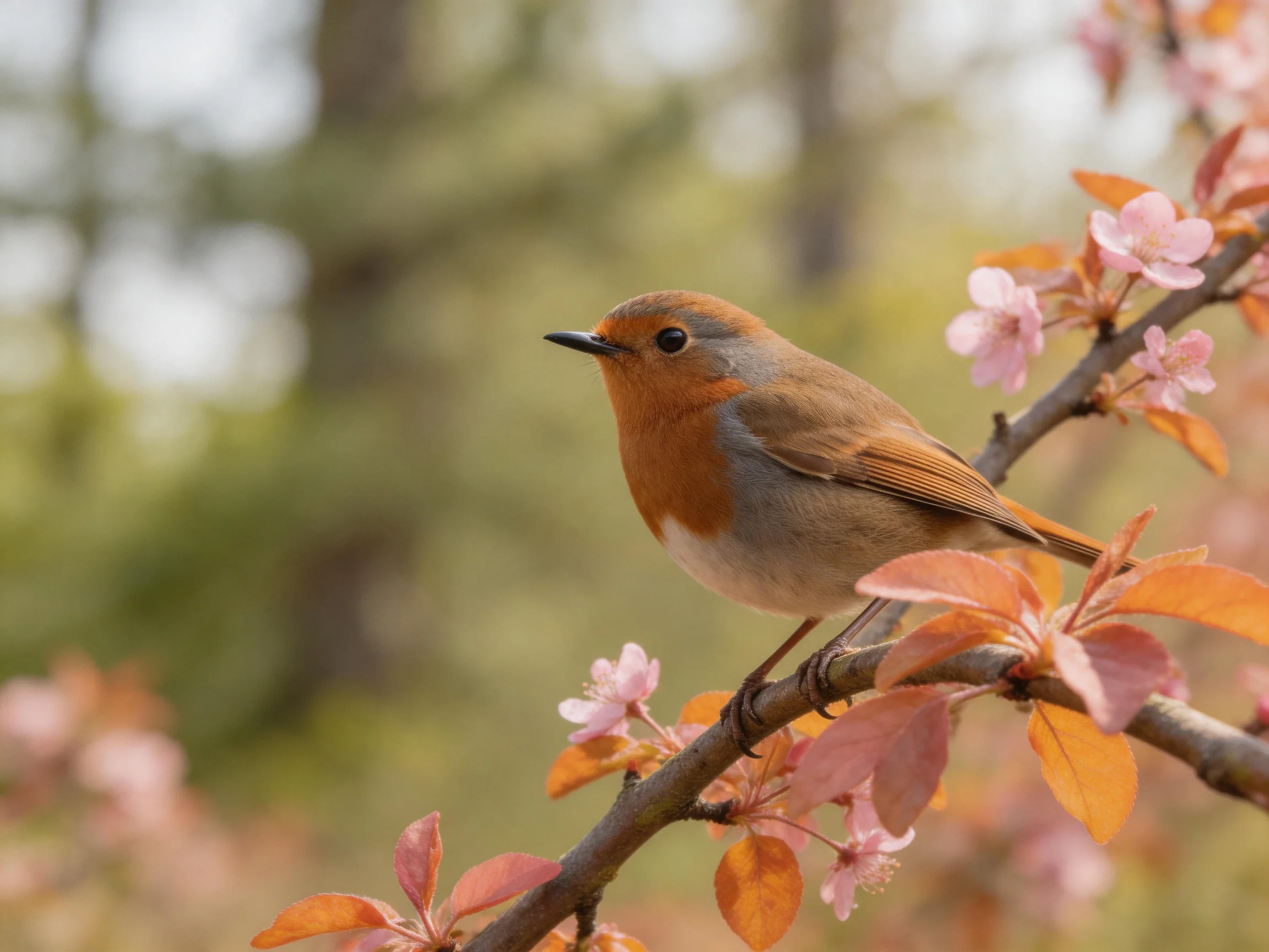 A small orange-breasted bird perches on flowering branches