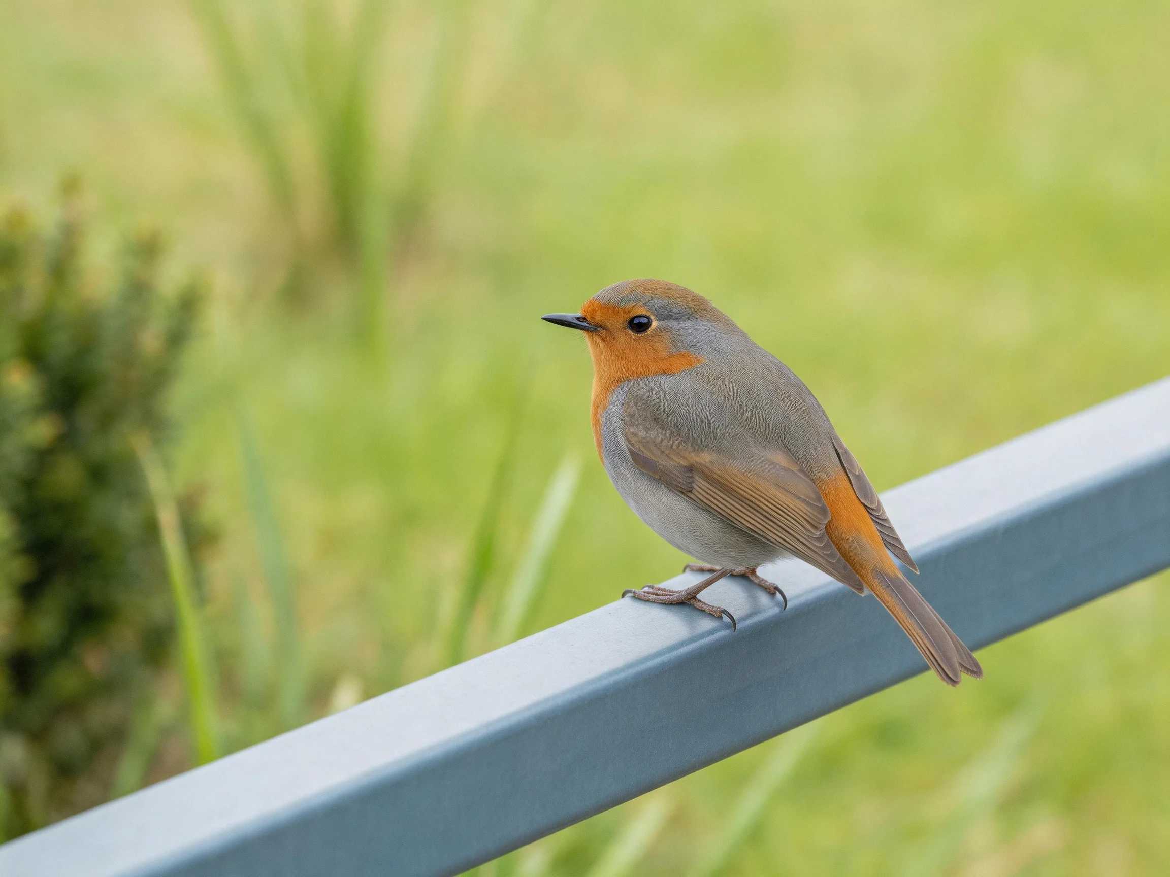 A small orange-brown bird perched on a metallic railing