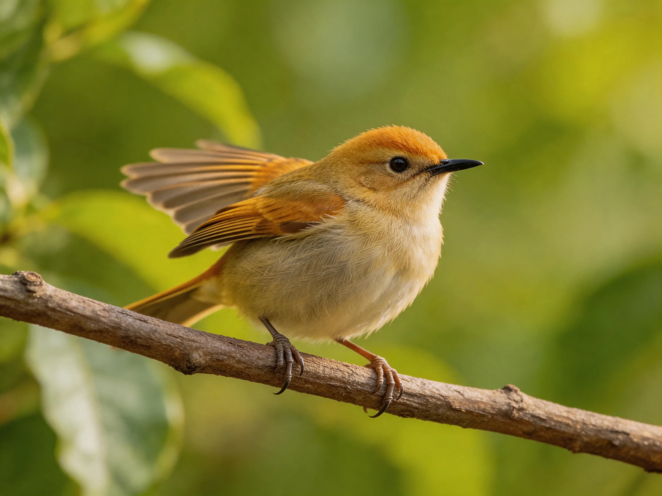A small orange-brown bird perched on a slender branch