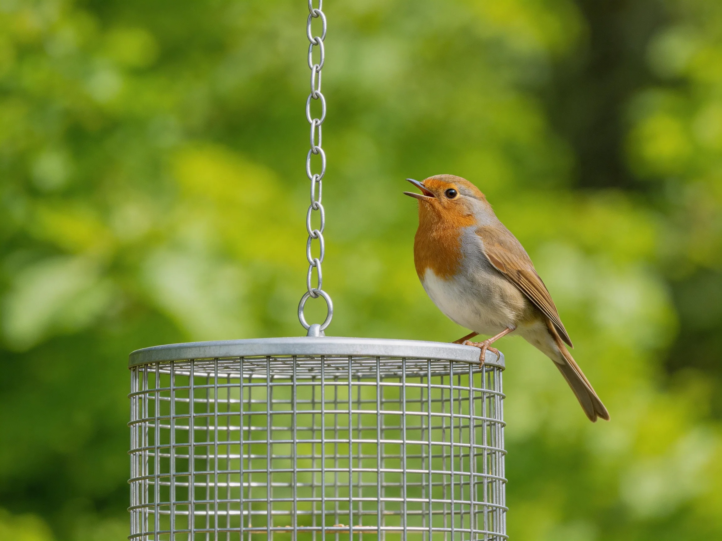 A small orange-brown bird perches on a silver wire feeder