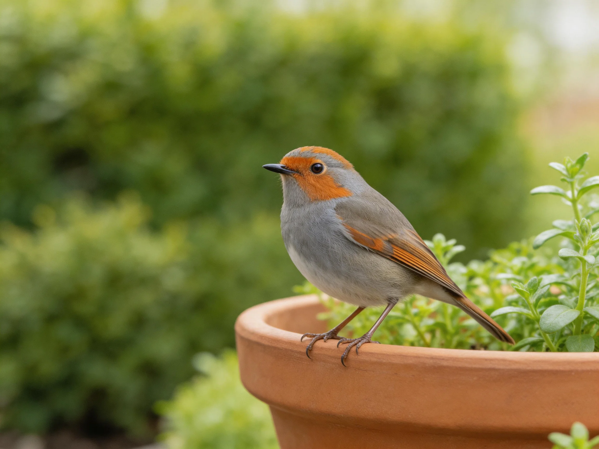 A small orange-capped bird perches on a terracotta planter amidst green foliage