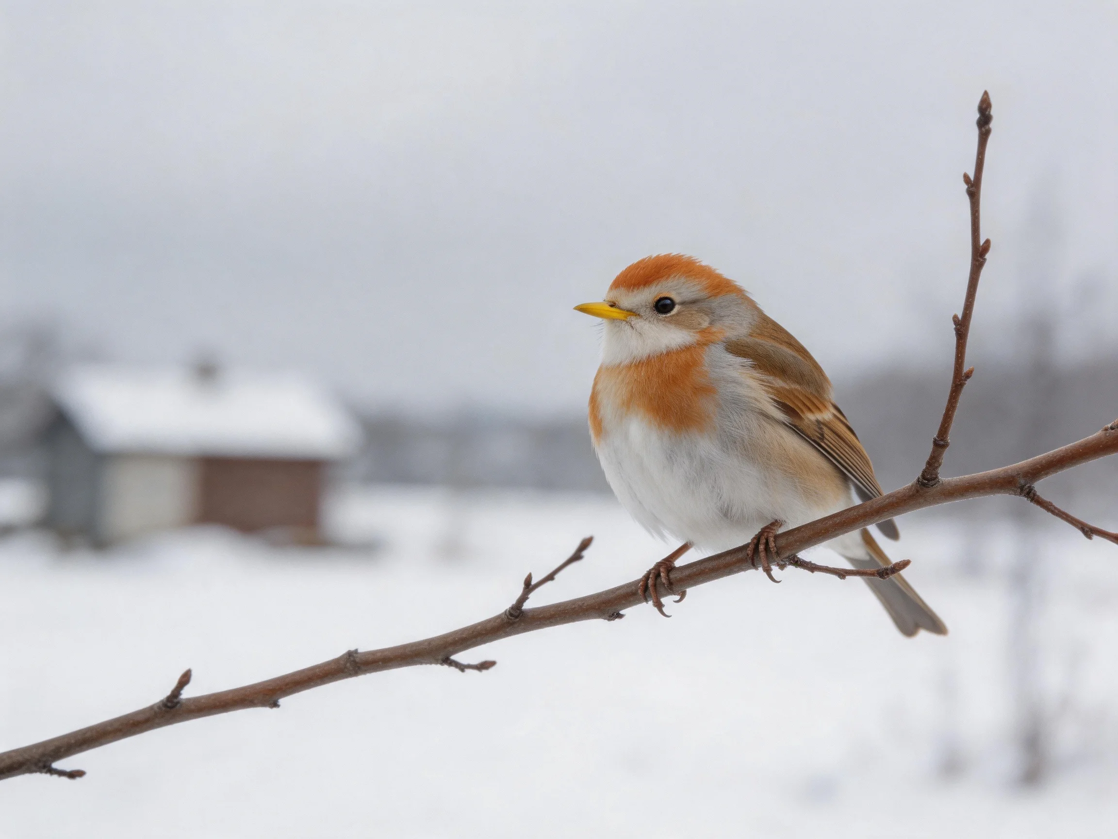 A small orange-crowned bird perches on a bare branch in a snowy landscape with houses.