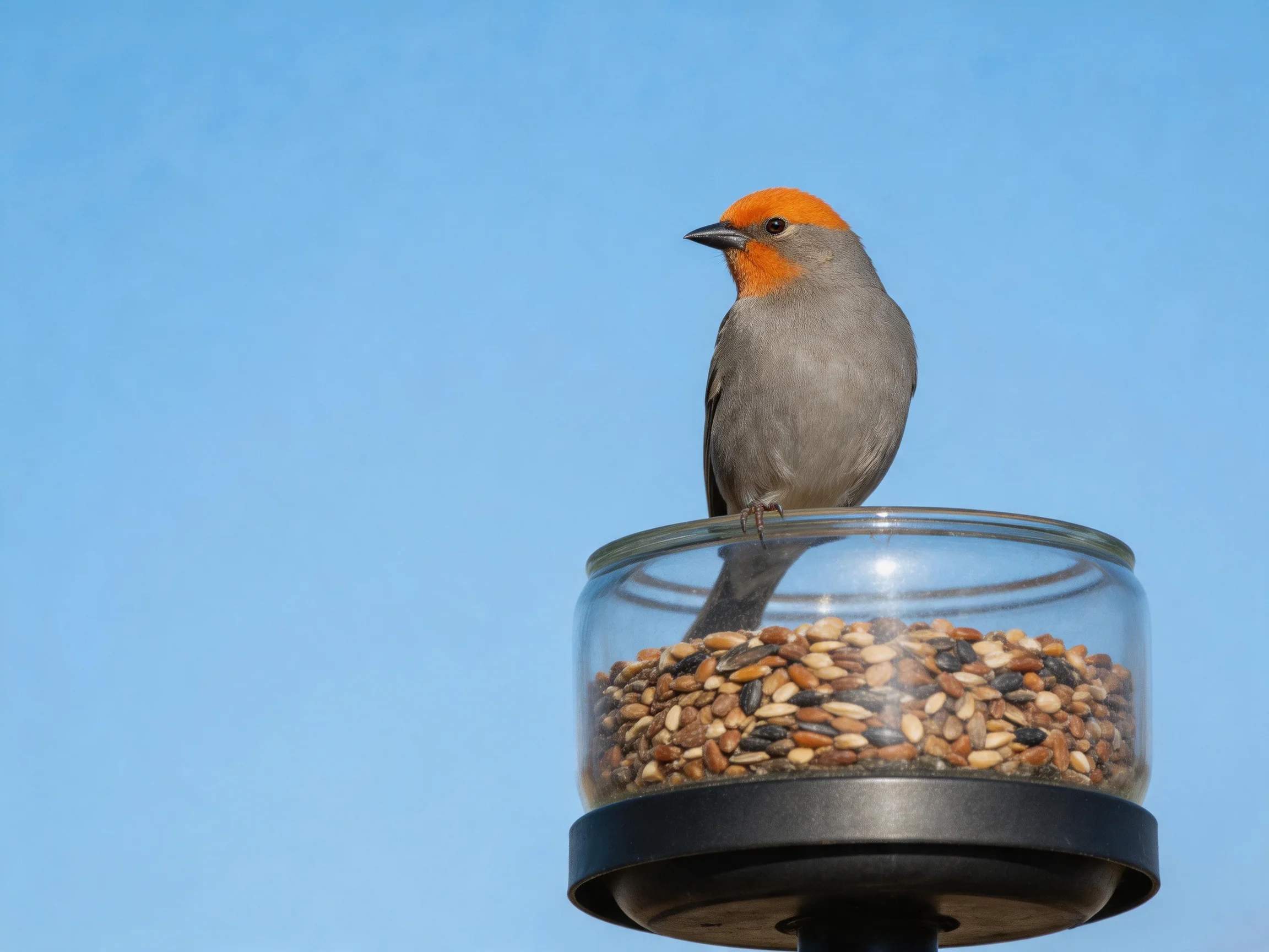 A small orange-headed bird perched on a glass seed feeder against clear blue sky