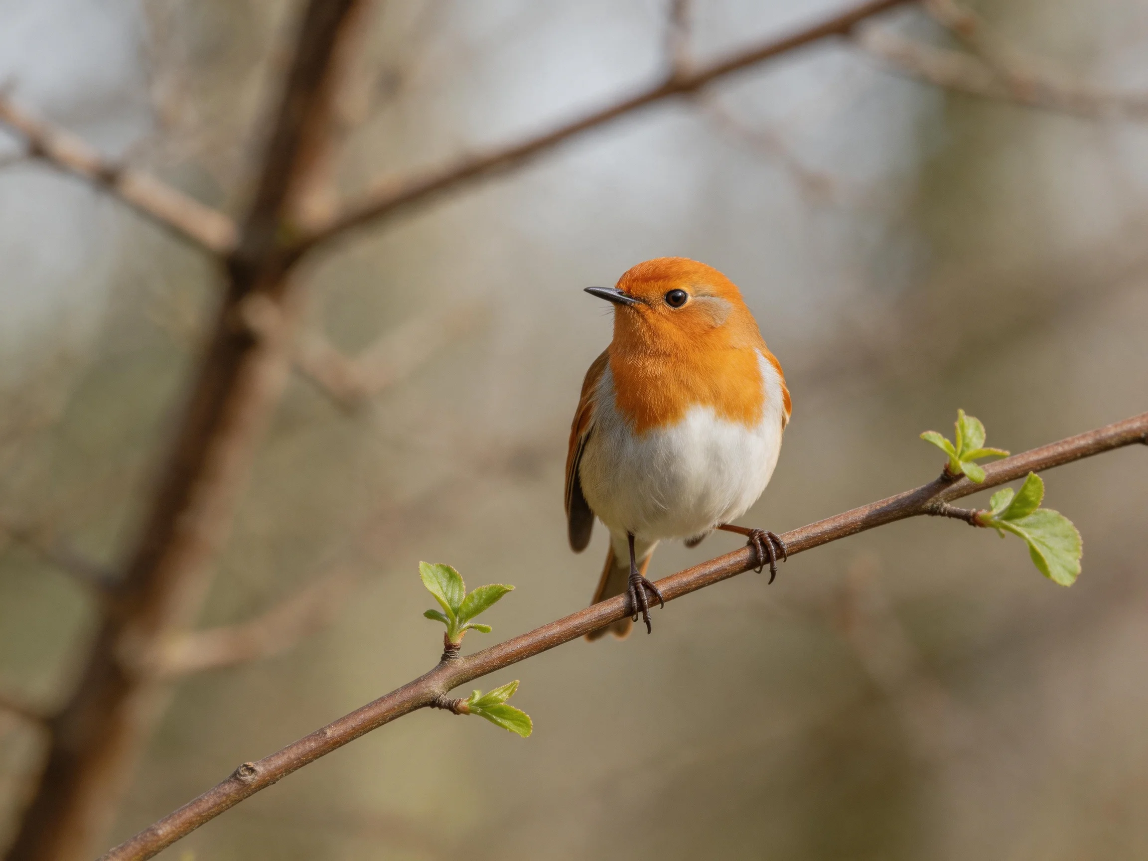 A small orange-headed bird perches on a budding branch