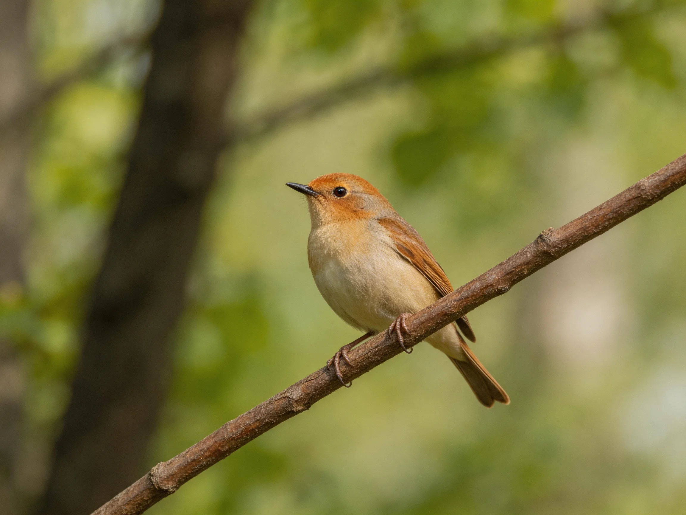 A small orange-headed bird perches on a thin brown branch