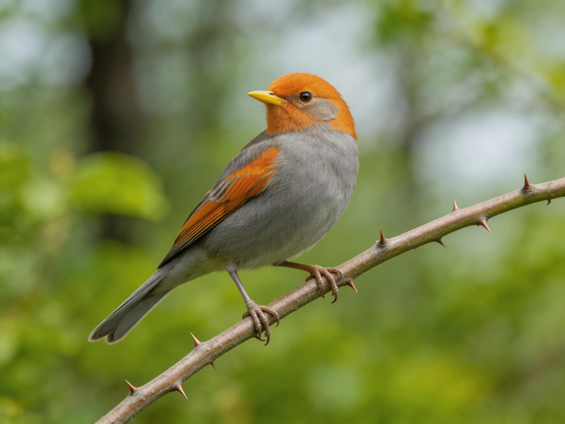A small orange-headed bird perches on a thorny branch