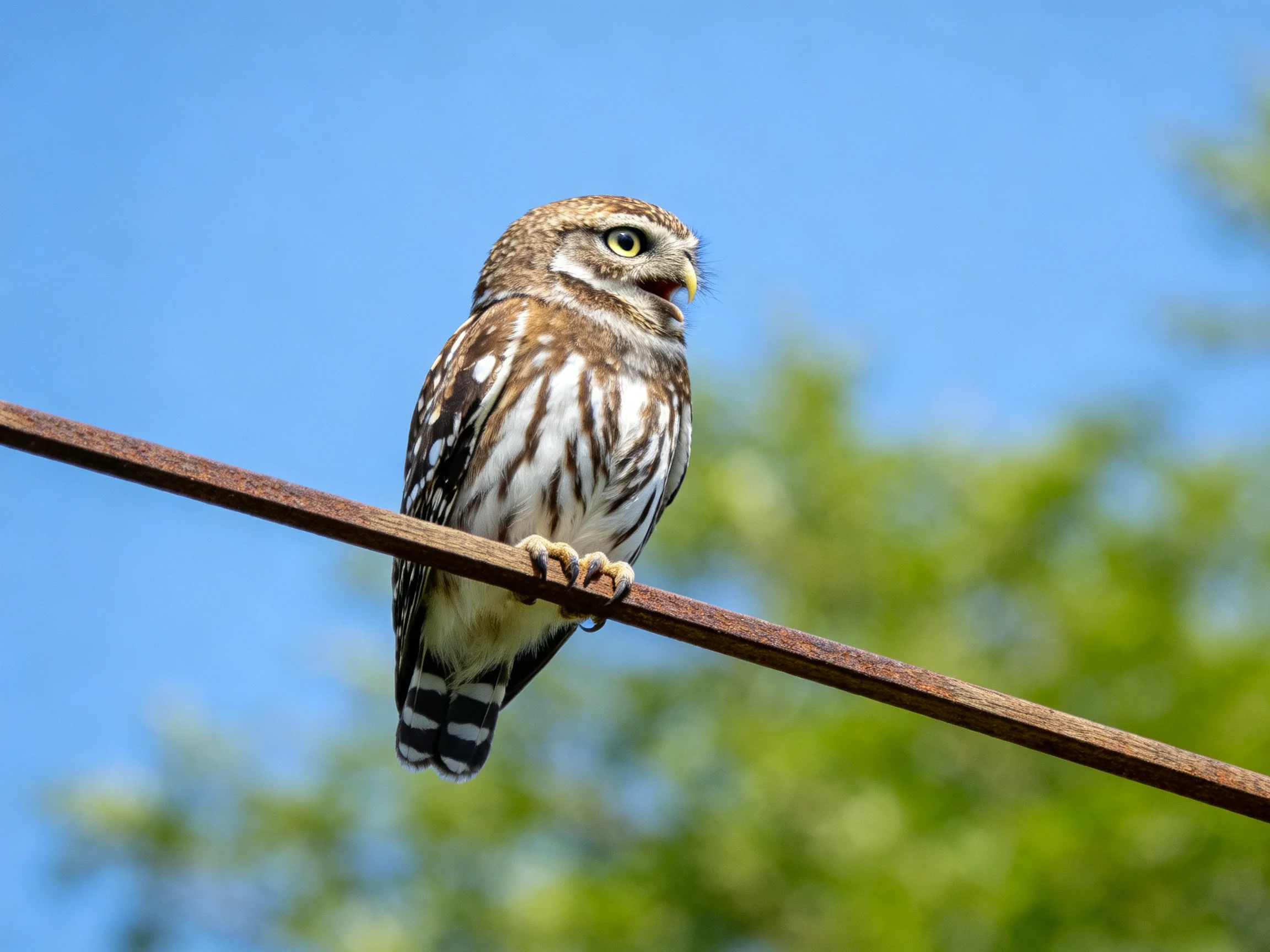 A small owl with brown and white plumage perches on a rusted wire
