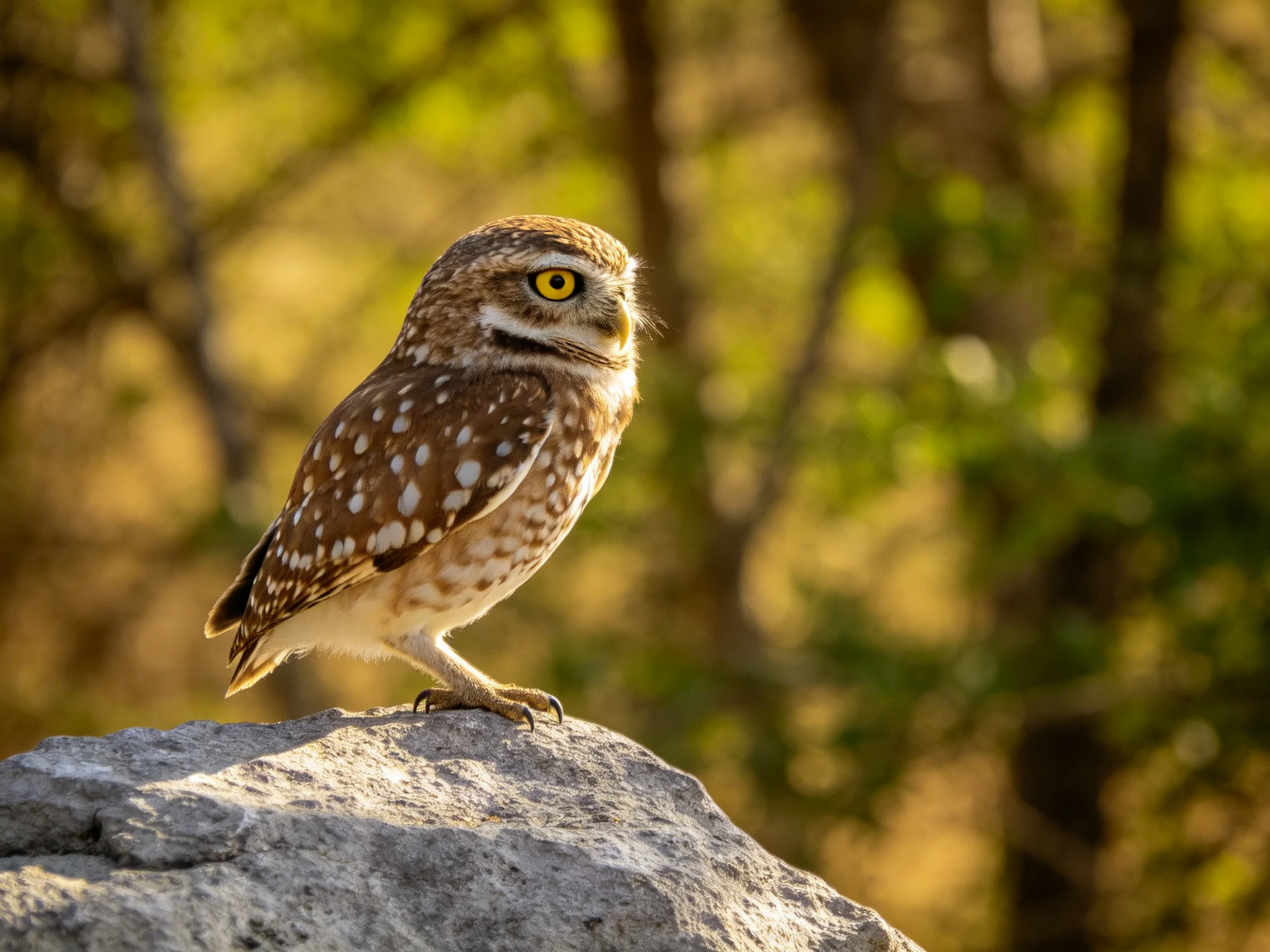 A small owl with brown and white speckles perched on a gray rock