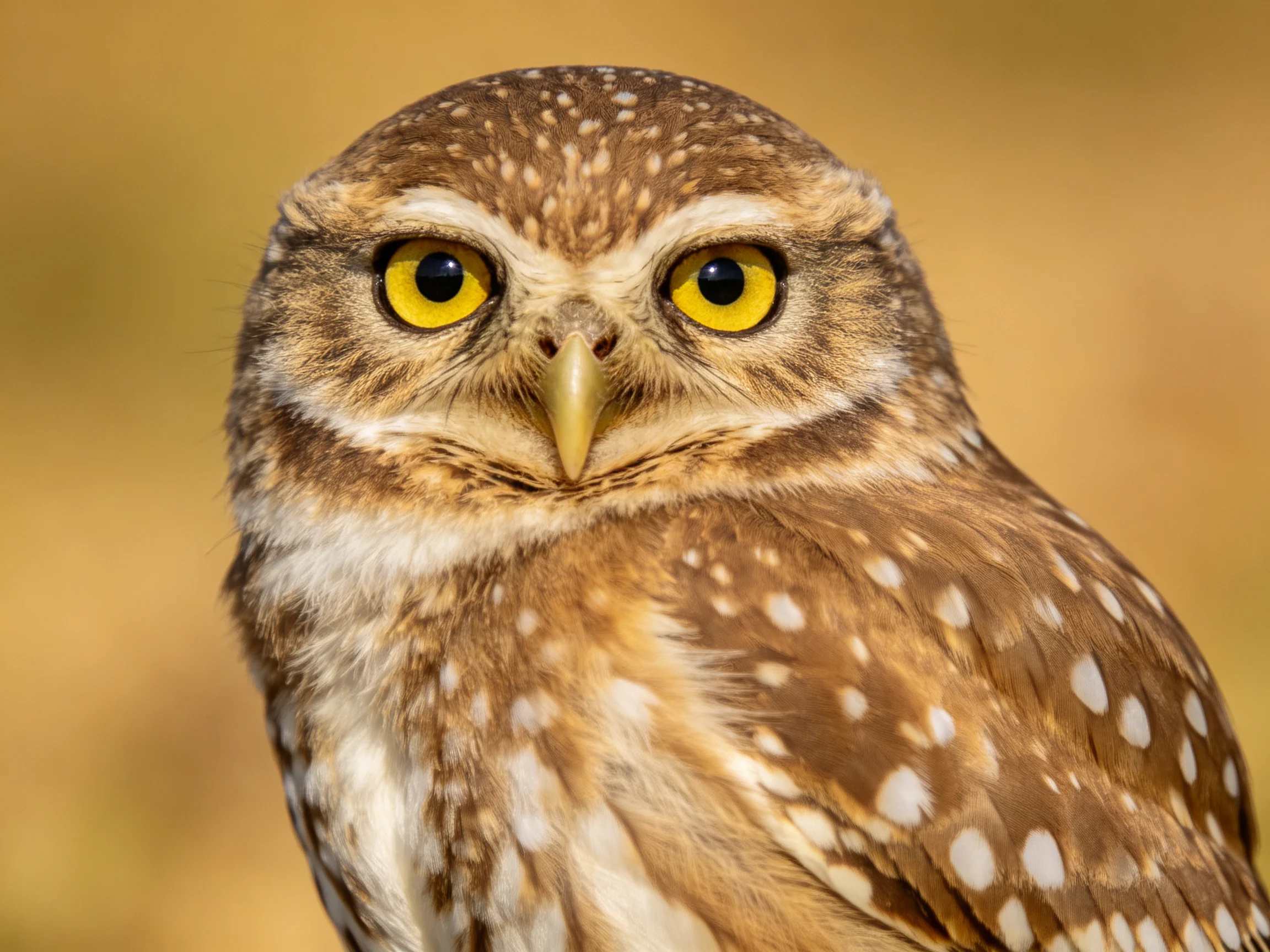 A small owl with brown spotted feathers and bright yellow eyes
