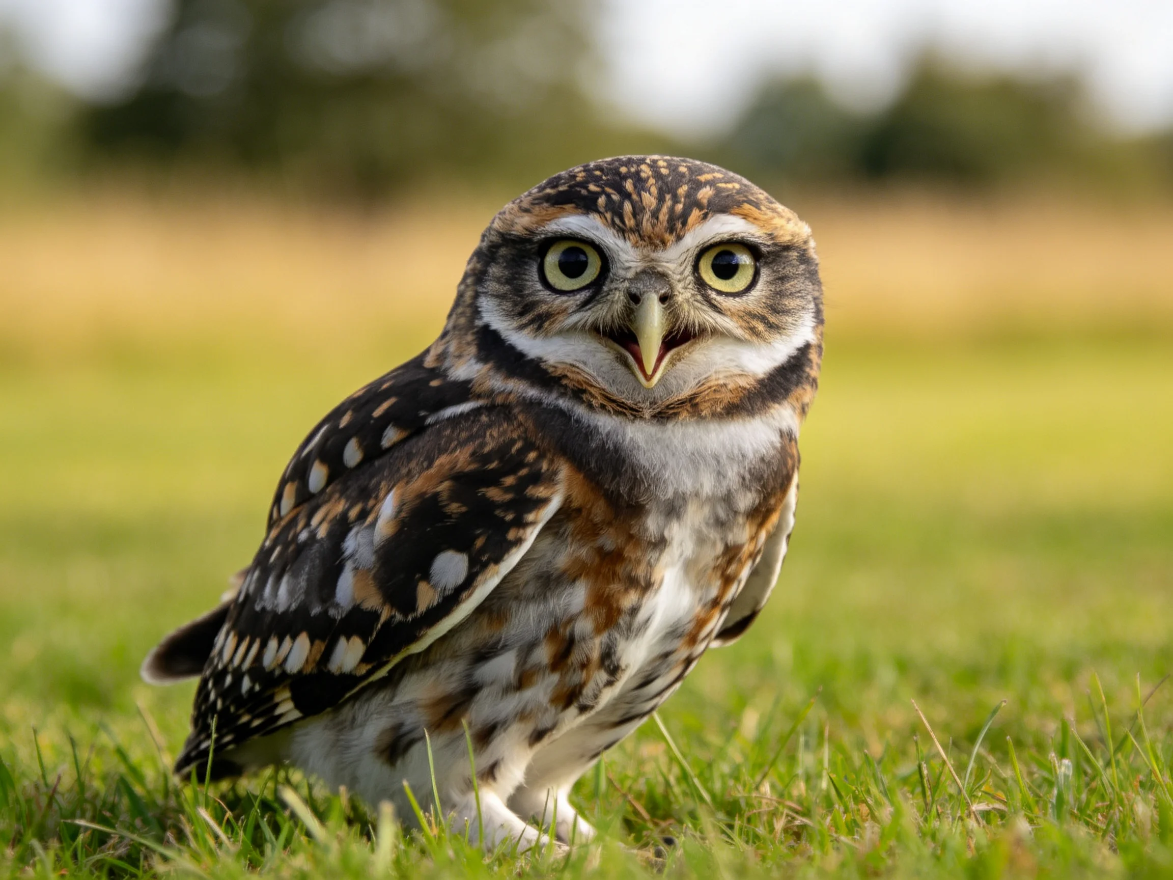 A small owl with brown, white, and black spotted feathers on green grass
