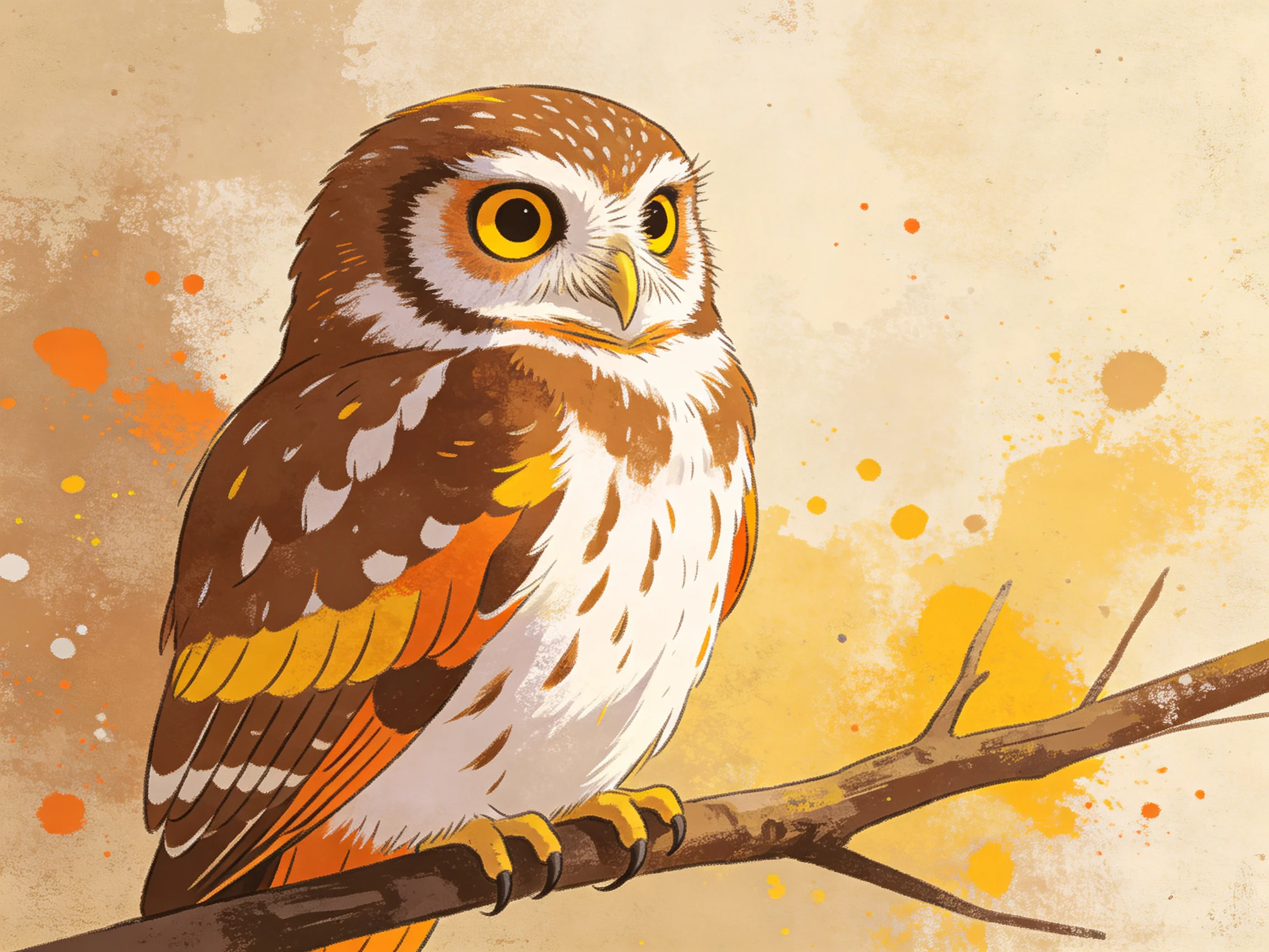 A small owl with brown, white, and orange feathers perched on a branch