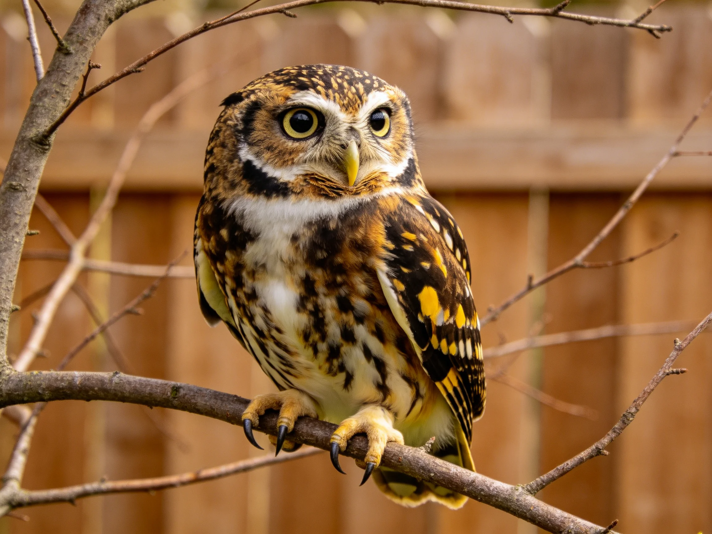 A small owl with brown, yellow, and white plumage perched on a bare tree branch